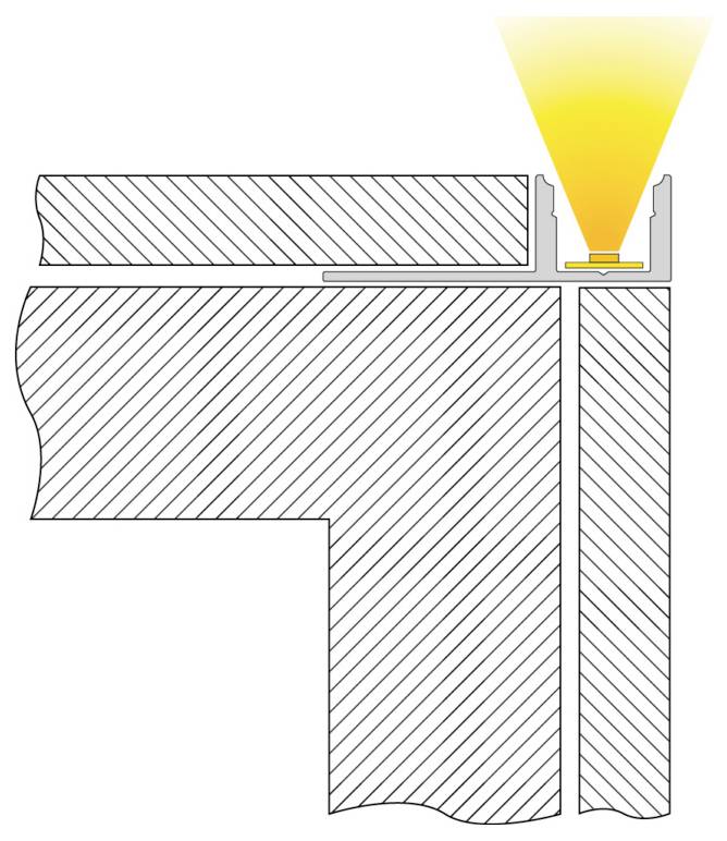 Diagram av en träsnickerifog som visar två sammanfogade bräddelar med en smal vertikal ränna och ett gult markerat område för fästelement eller lim uppe till höger.