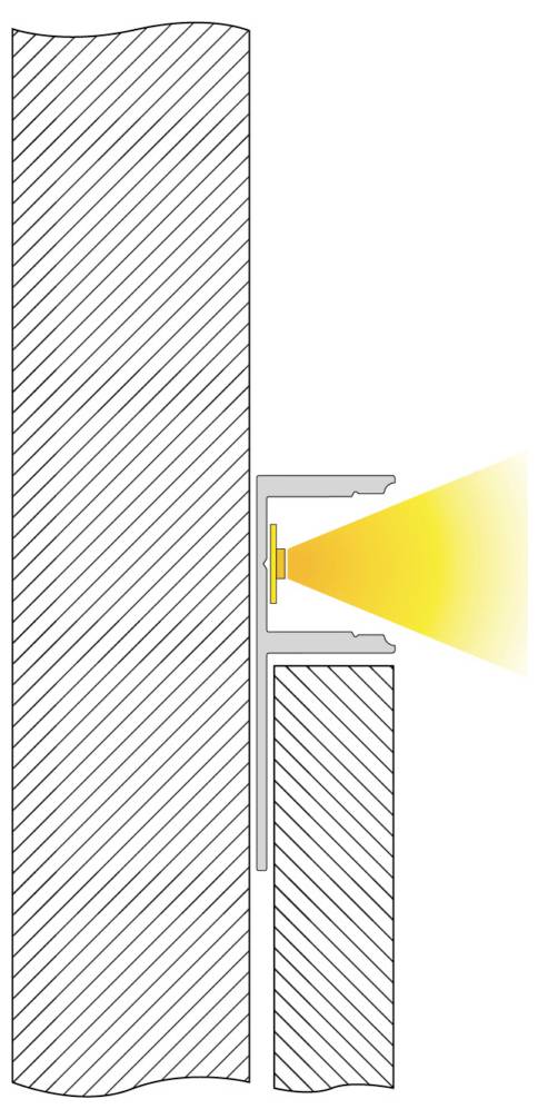 Tvärsnittsdiagram av en väggmonterad lampa som projicerar en ljusstråle utåt från sidan av en vertikal yta.