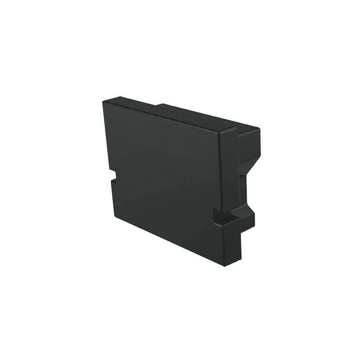 Svart plastadapter med rektangulär form, sidoöppning, används för mekanisk anslutning eller täckning i tekniska enheter.