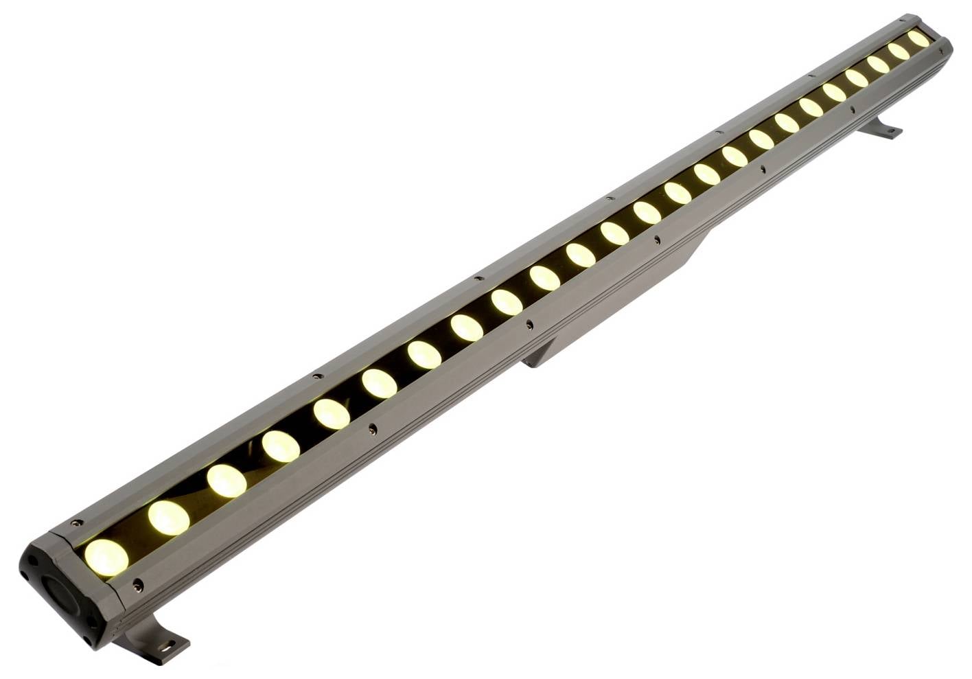 Långsträckt, linjär LED-väggarmatur med flera lysande runda LED-lampor i ett metallhölje, visad mot vit bakgrund.