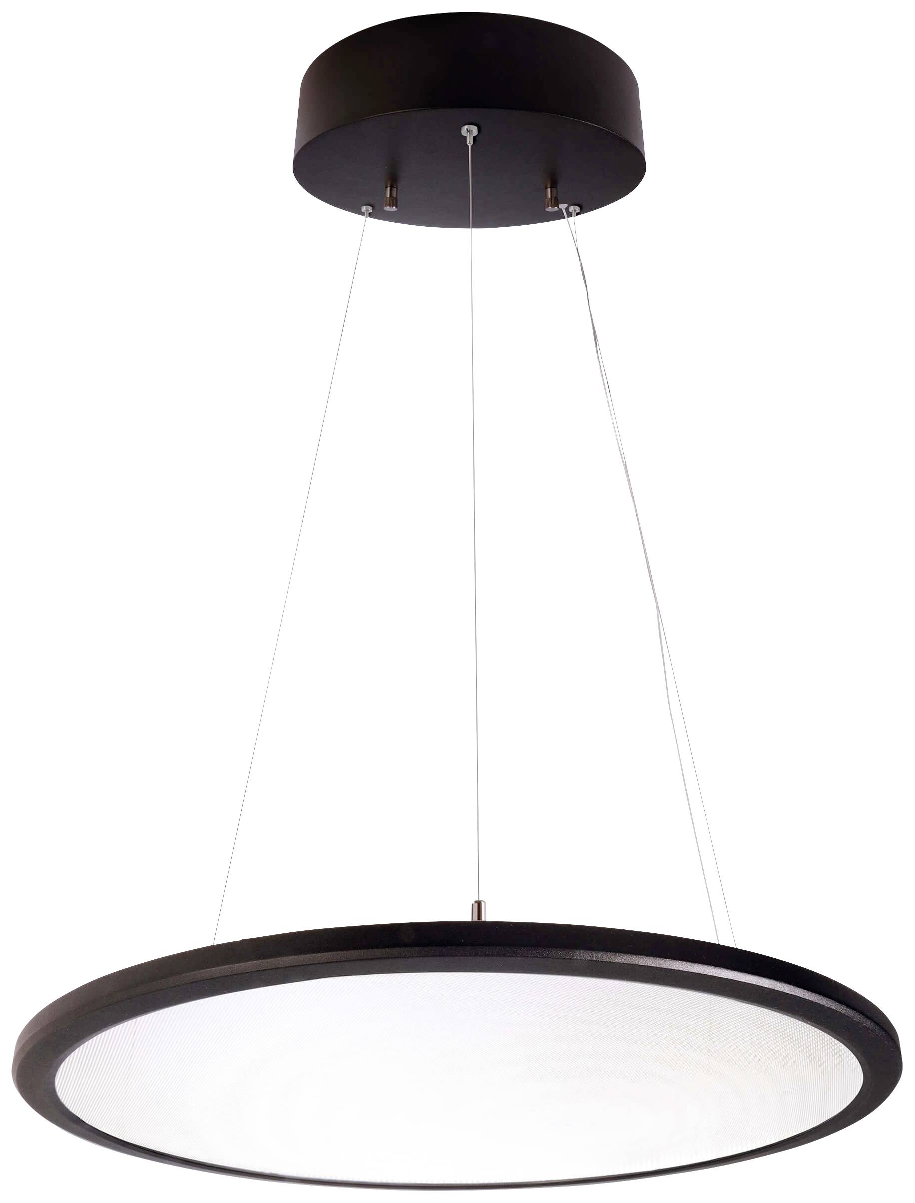 Modern, rund taklampa med svart ram och vit ljusdiffusor. Upphängd i två trådar.