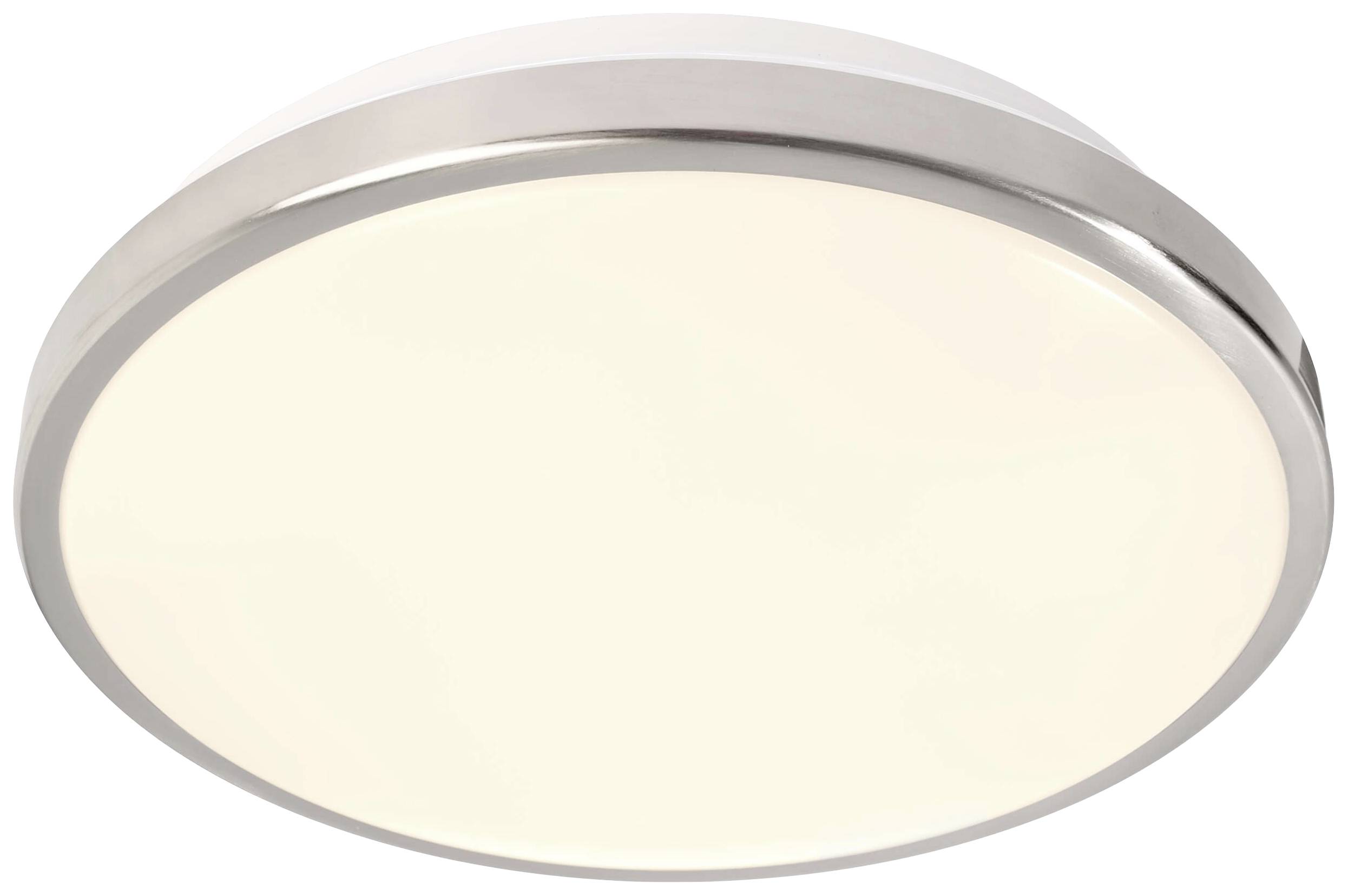 Rund taklampa med silverram och vit diffusor. Perfekt för jämn rumsbelysning.