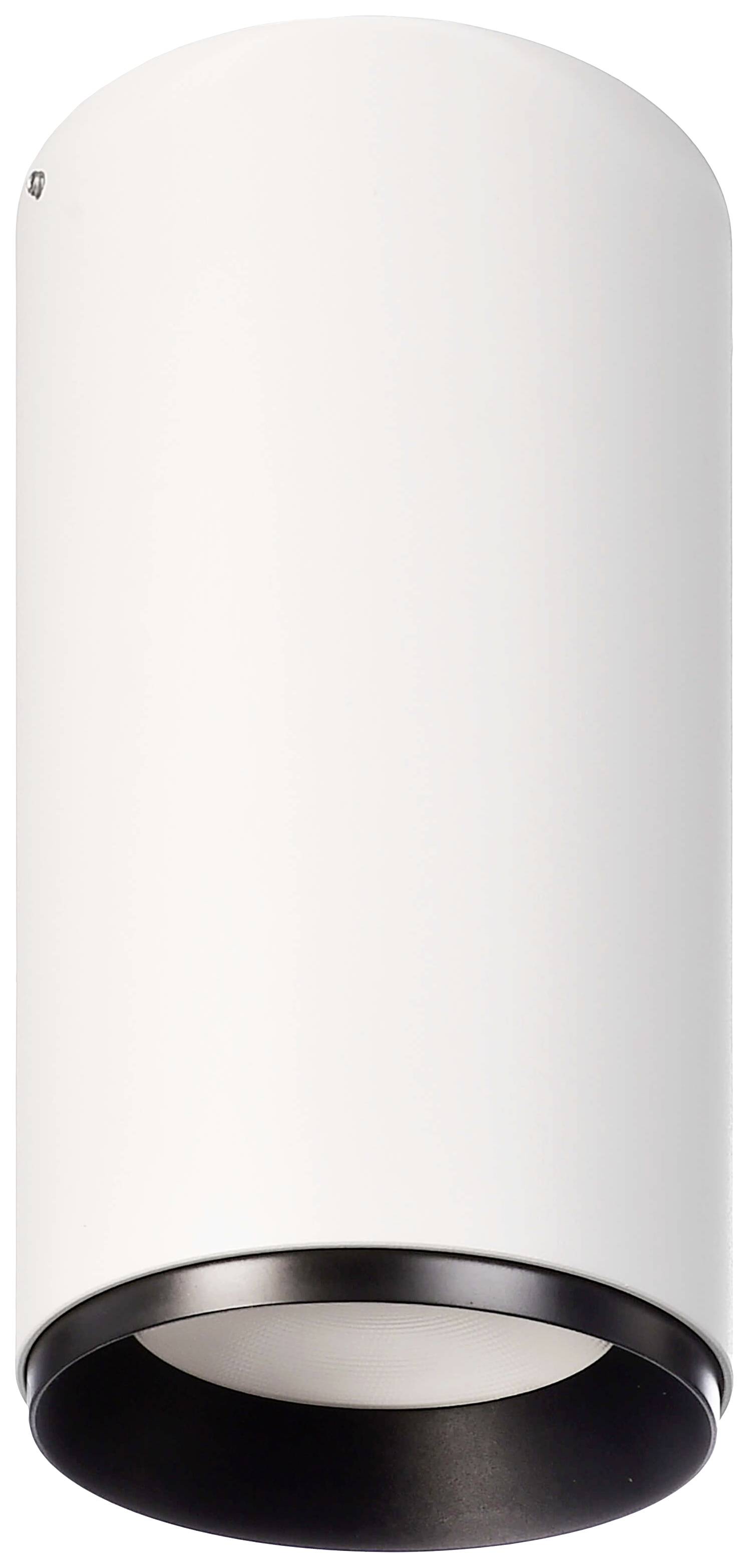Vit cylindrisk taklampa med svart kant nedtill. Minimalistisk design, lämplig för moderna interiörer.