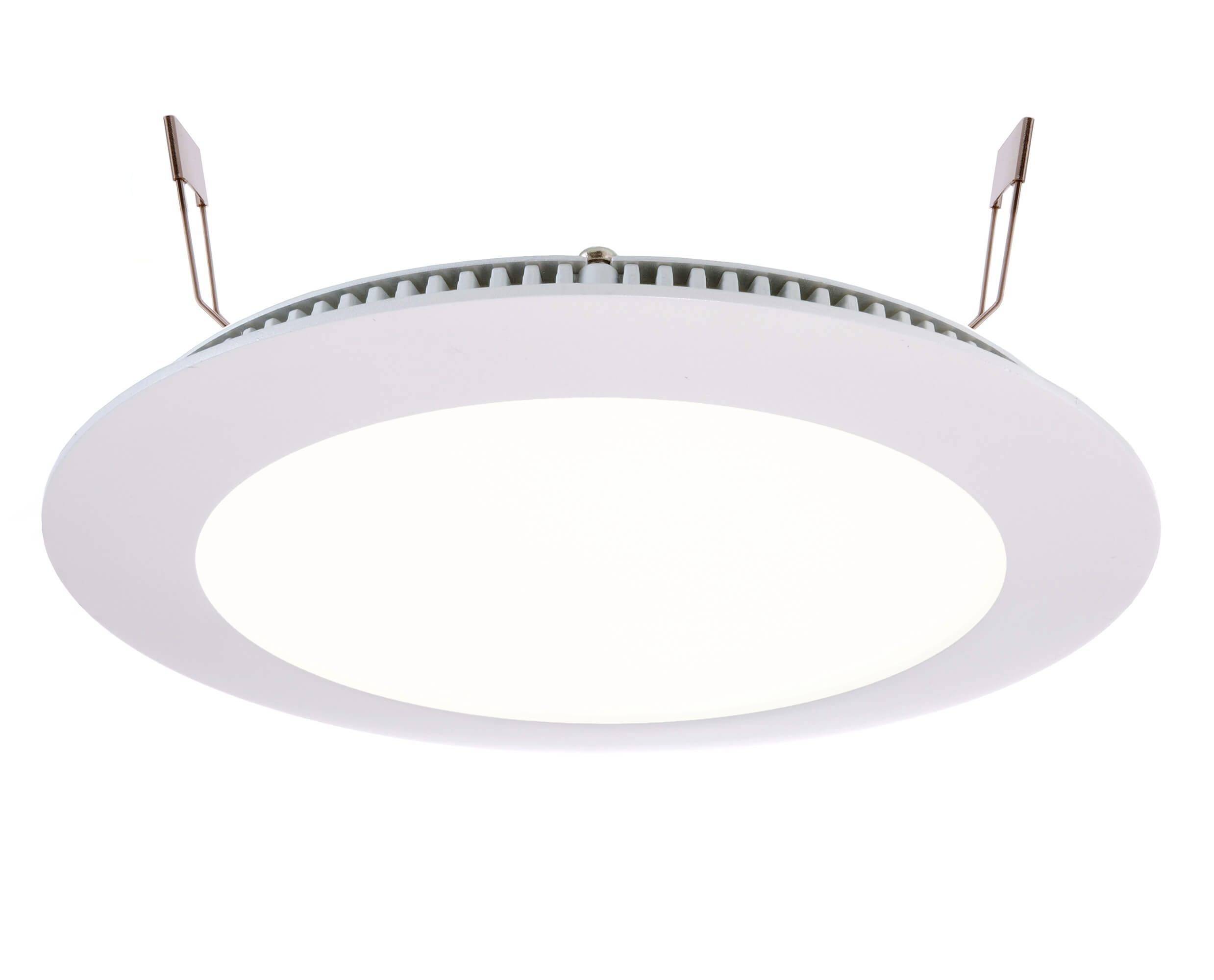 Rund LED-infälld spotlight med vit ram och två monteringsklämmer, lämplig för takinstallationer.