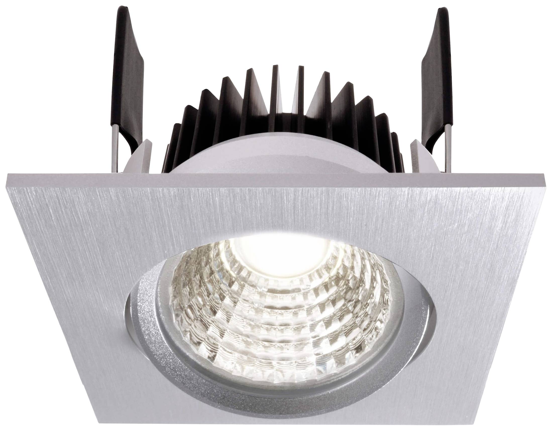 Fyrkantig LED-taklampa med infällt montage och borstad aluminiumram. I centrum lyser en ljusstark LED-lampa.