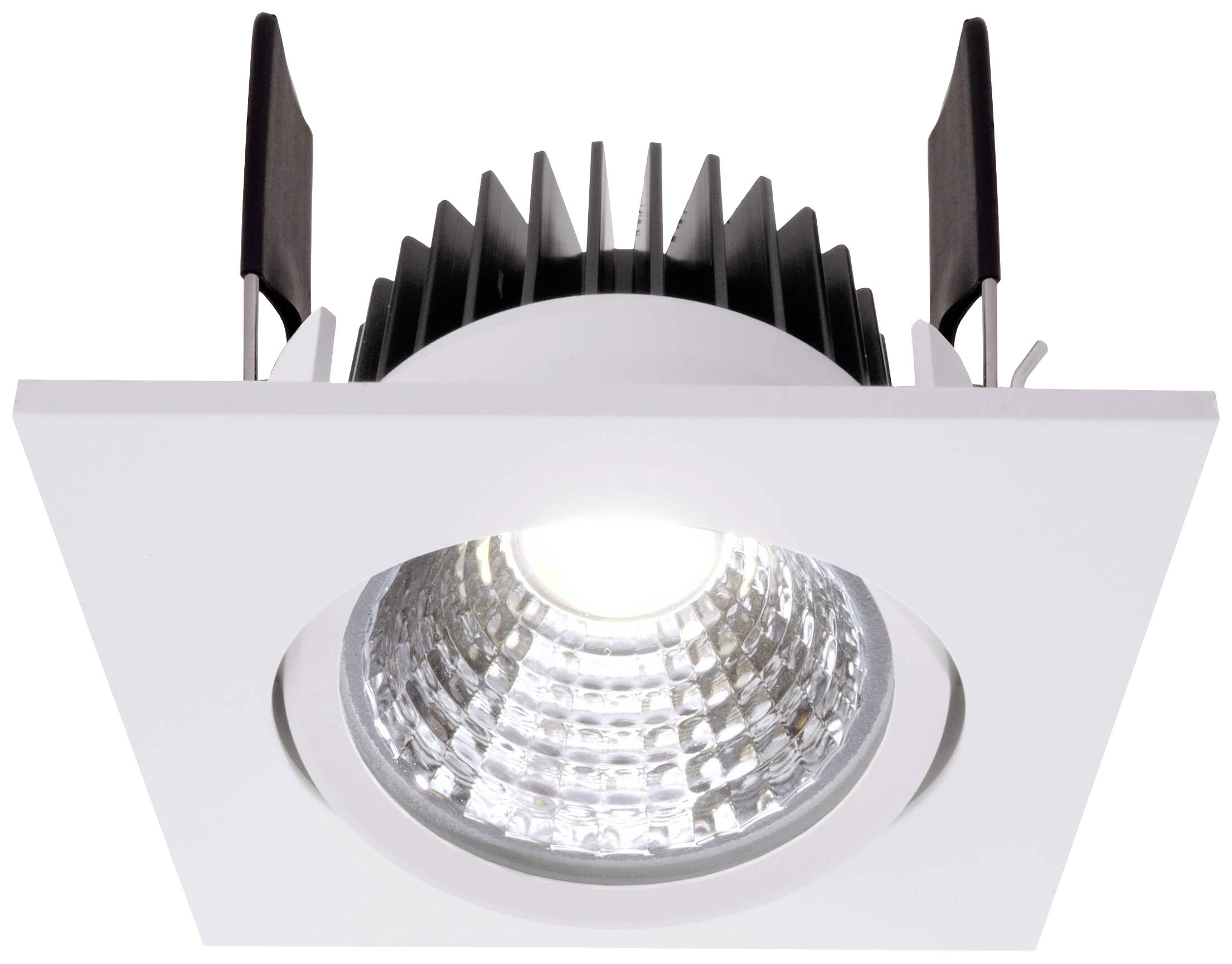 En kvadratisk LED-infälld taklampa med svart kylkropp och ljust lysande centrum i ett vitt hölje.