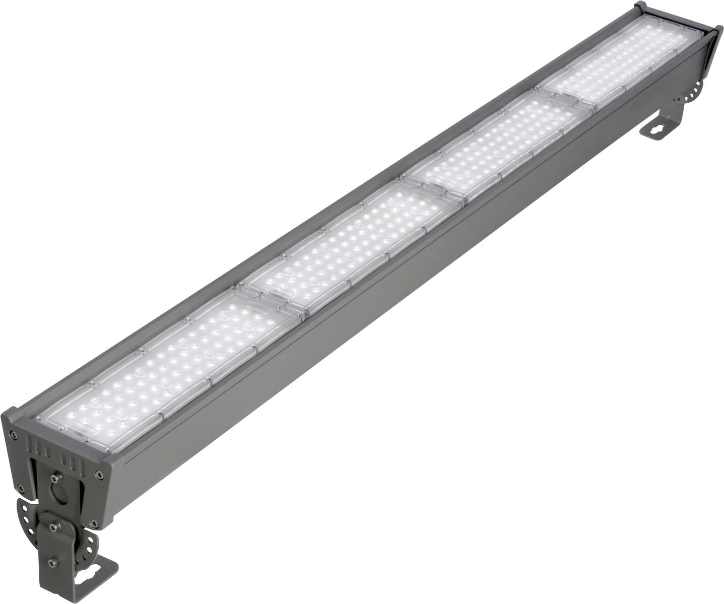 LED-armatur i rektangulär form, monterad på två fästen, lyser kraftigt.