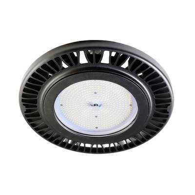 En rund LED-taklampa med svart ram och många små lysdioder. Perfekt för industriell belysning.