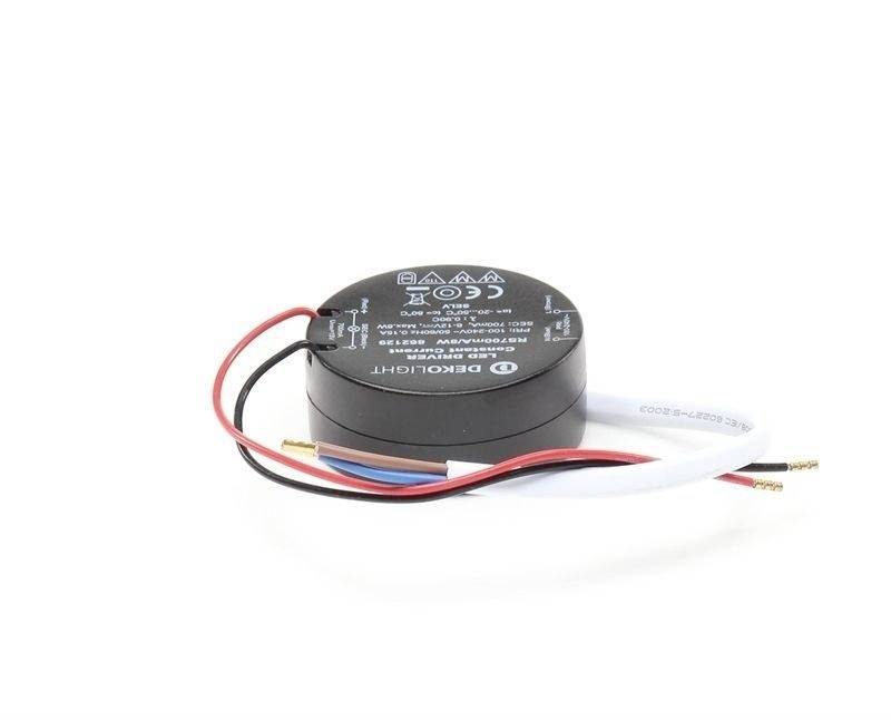 Rund, svart elektronisk komponent med märkning och flera färgade kablar. Fungerar som drivdon för LED-belysning.