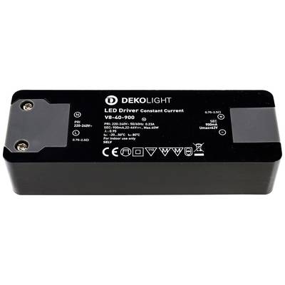 'DEKOLIGHT LED-driver konstant ström V8-40-900' Etikett visar elektriska specifikationer: Ingång 220-240V, Utgång 900mA, max. 40W.