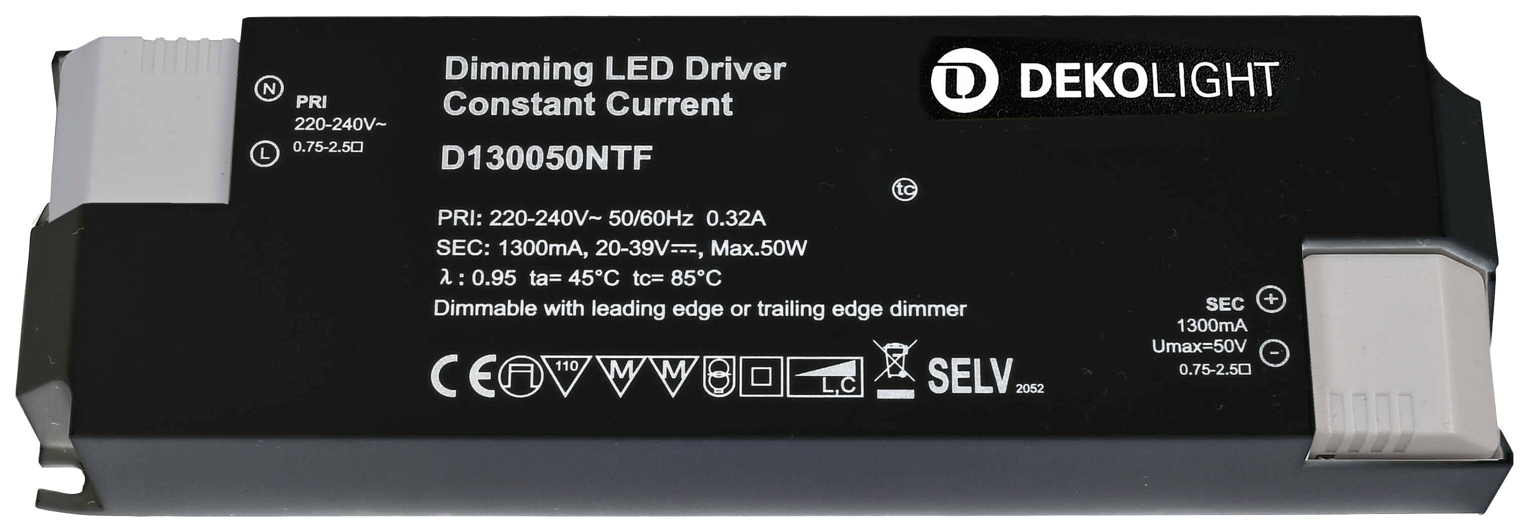 En dimmbar LED-driver med konstant strömförsörjning. Modeller och specifikationer som spänning och skyddsklasser är tryckta.