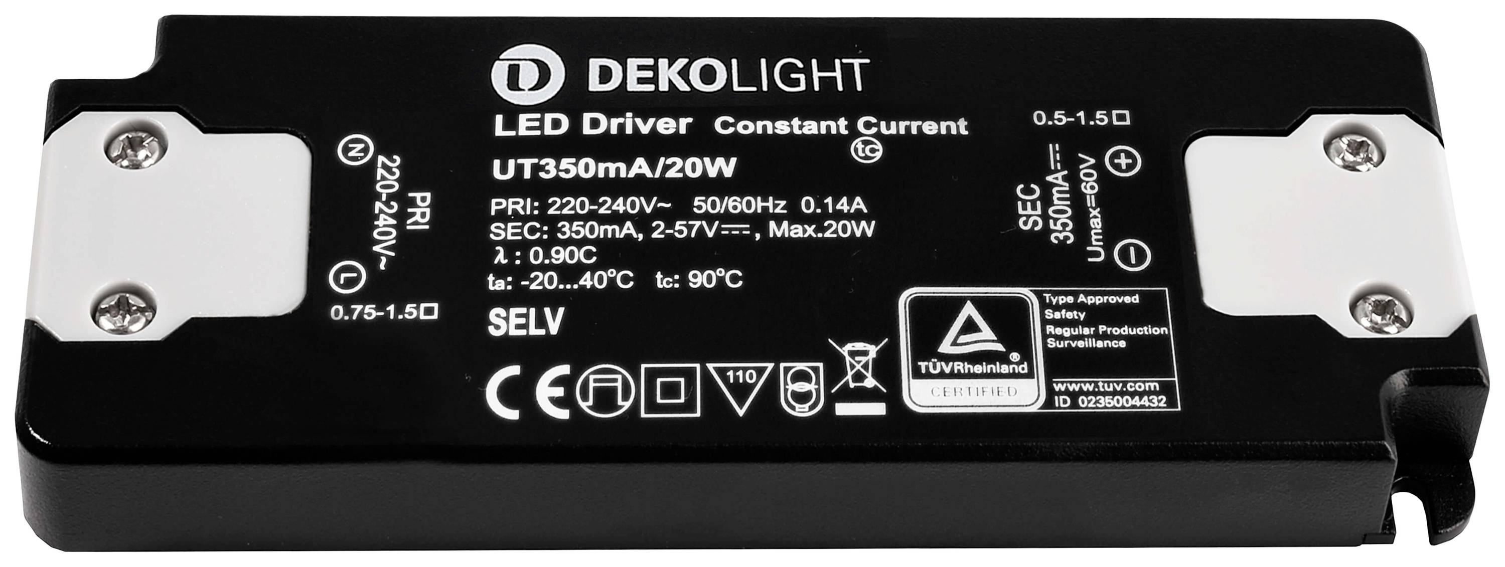LED-drivdon från Dekolight, modell UT350mA/20W, för konstant ström på 350mA, lämplig för 220-240V, max 20W, omgivningstemperatur -20 till 40°C.
