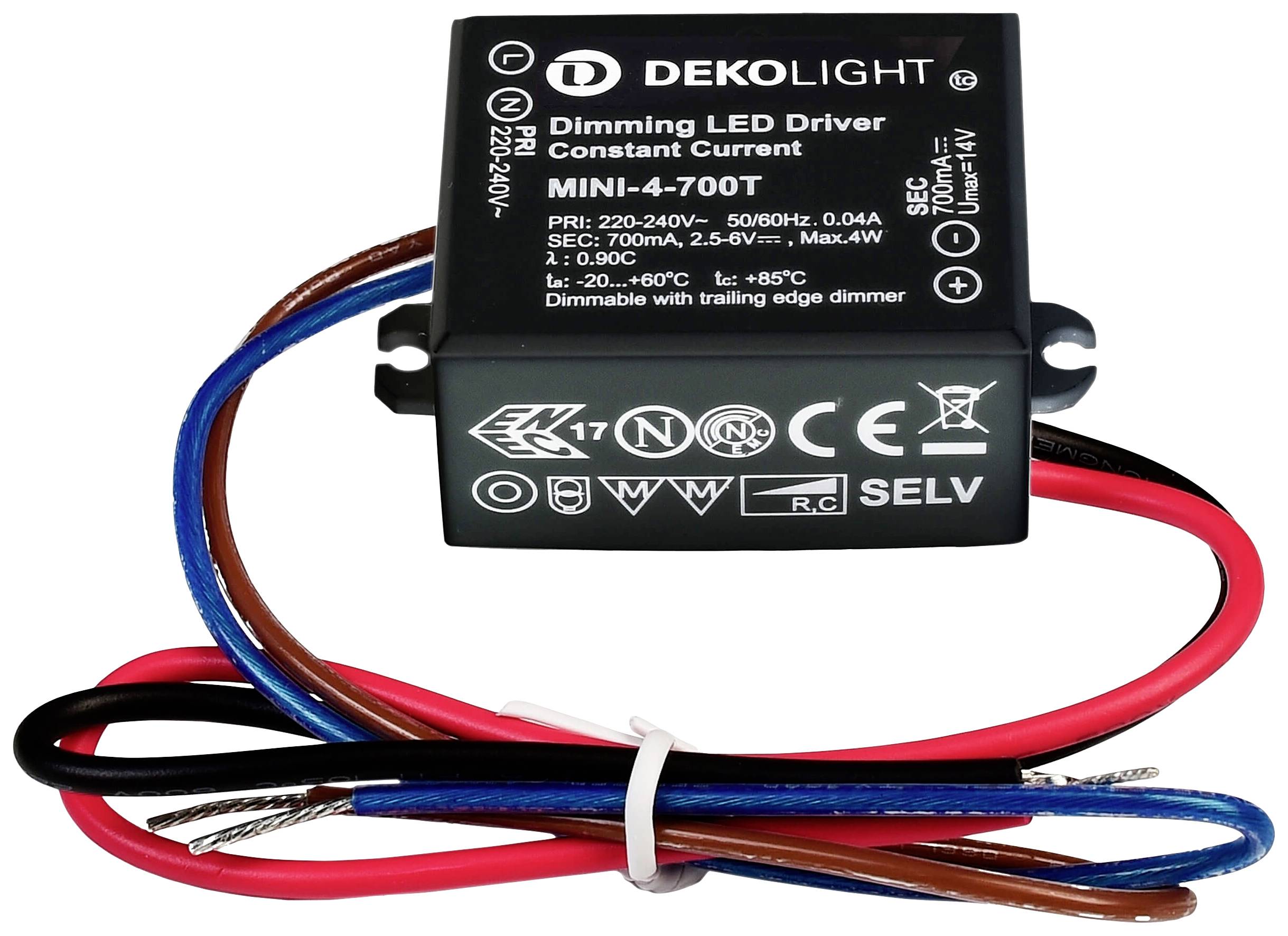 En kompakt LED-driver märkt 'DEKOLIGHT MINI-4-700T'. Flerfärgade kablar är anslutna vid undersidan.