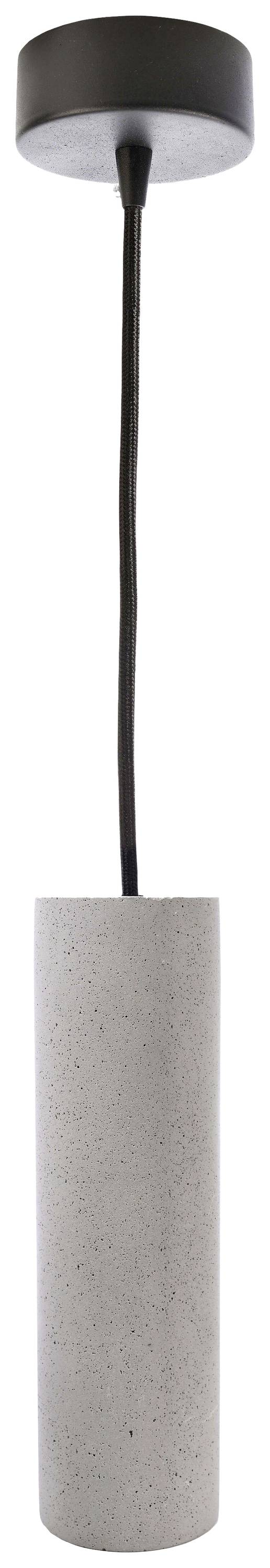 Cylindrisk hängande taklampa med mörk bas och grå, spräcklig skärm av betong.