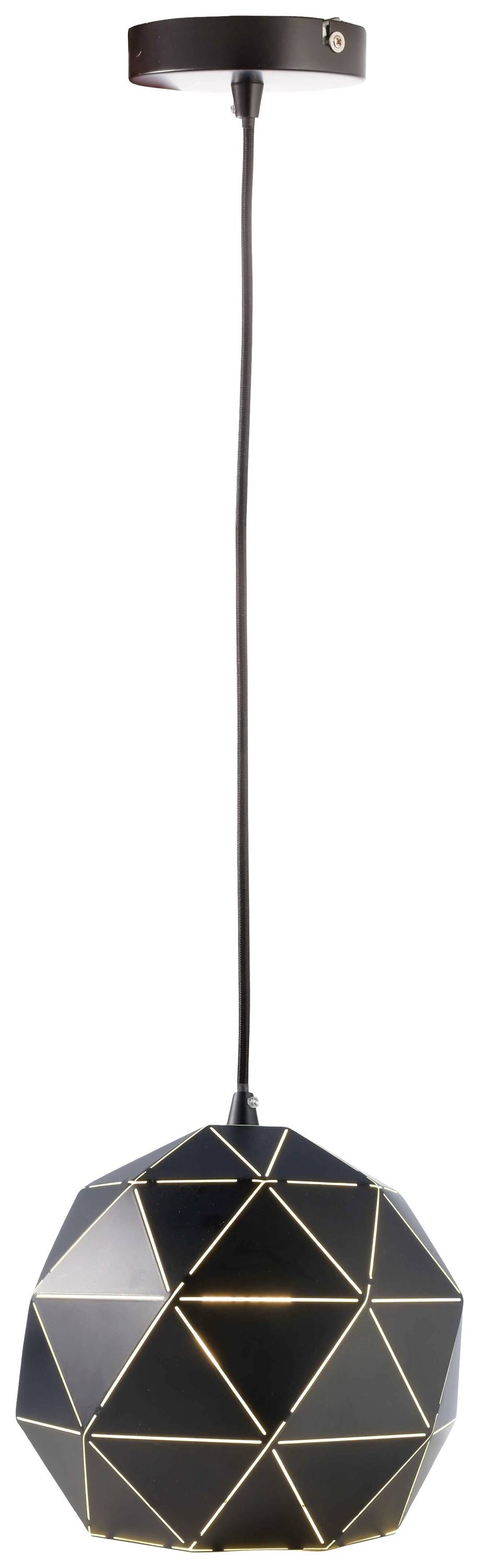 Taklampa med svart, geometrisk skärm och guldiga detaljer.