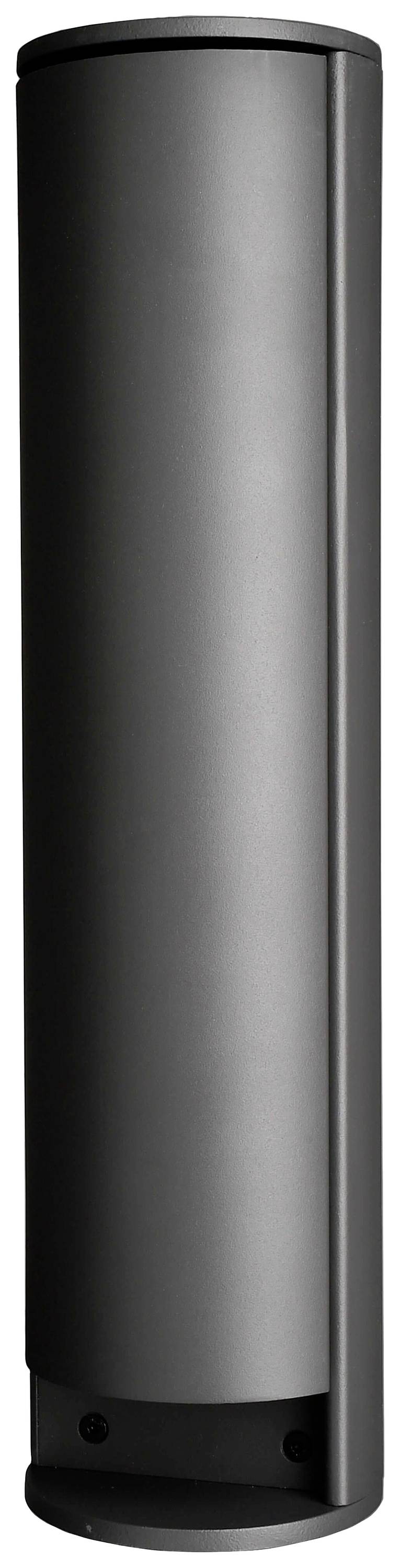 En svart, cylindrisk högtalare med enkelt design och slät yta.