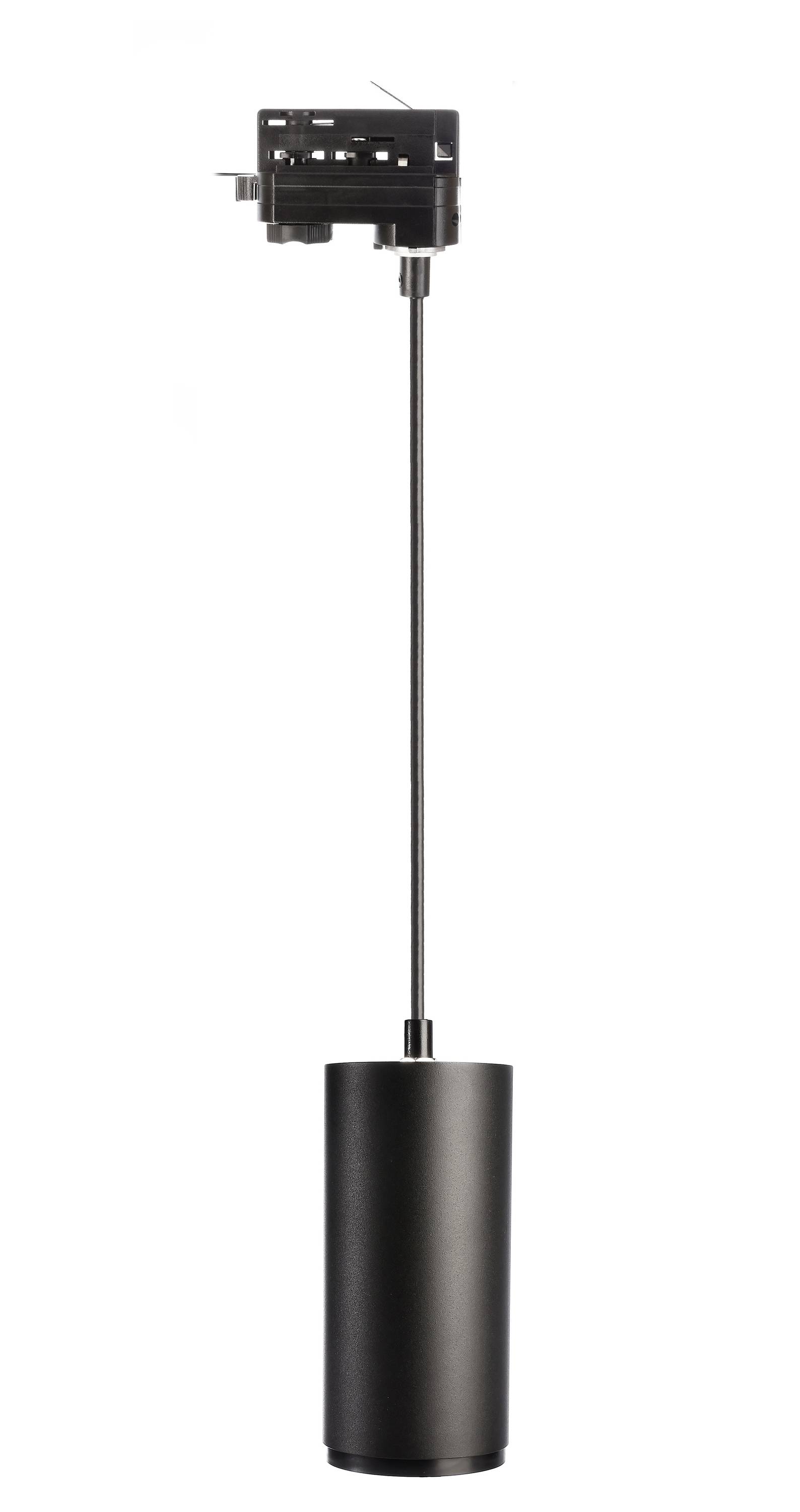 Svart hängande pendellampa med cylindrisk skärm; modernt design. Perfekt för samtida interiörer.