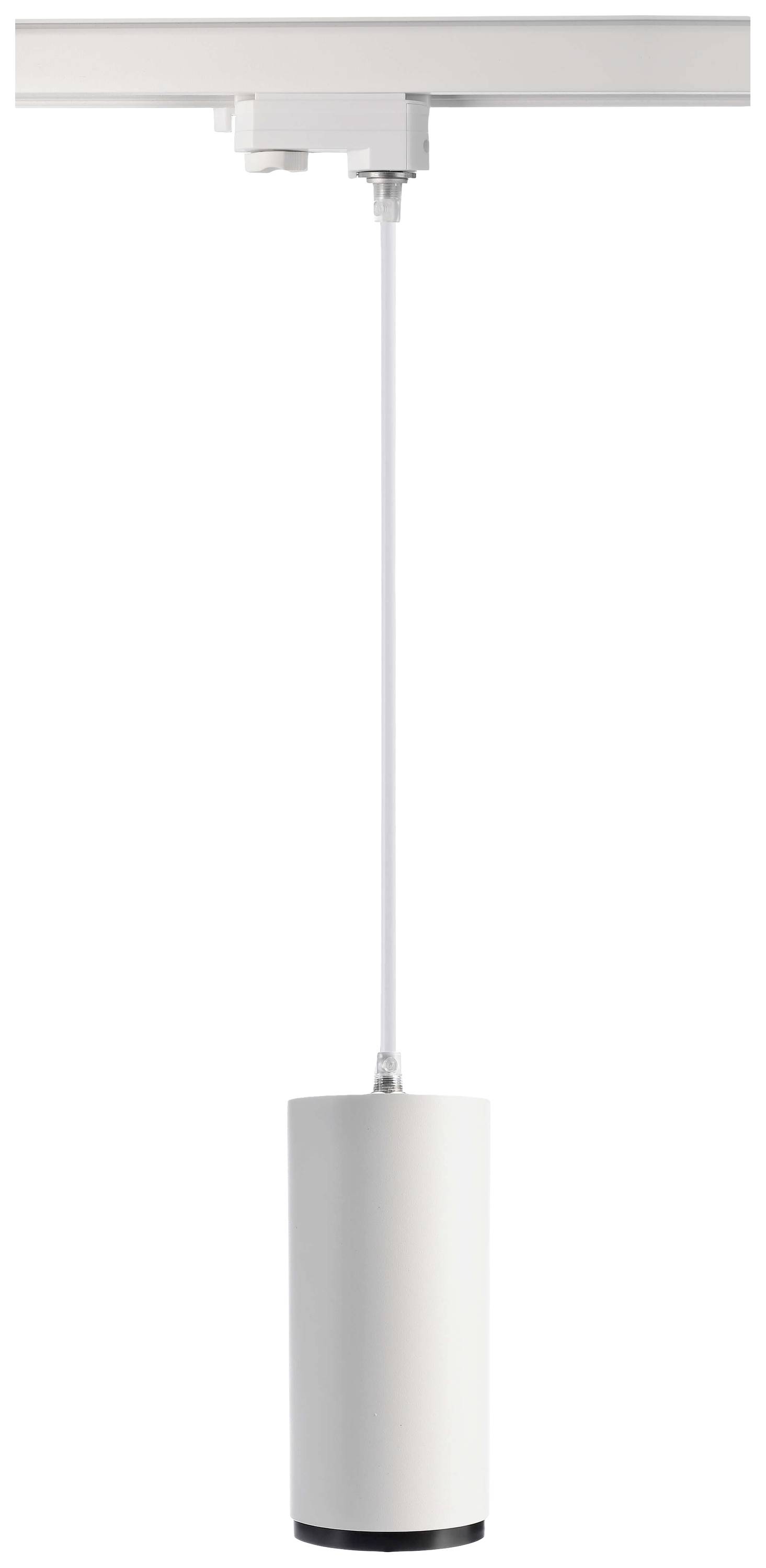 Hängande cylindrisk lampa i vitt, fäst vid en takskena, lämplig för modern inomhusbelysning.