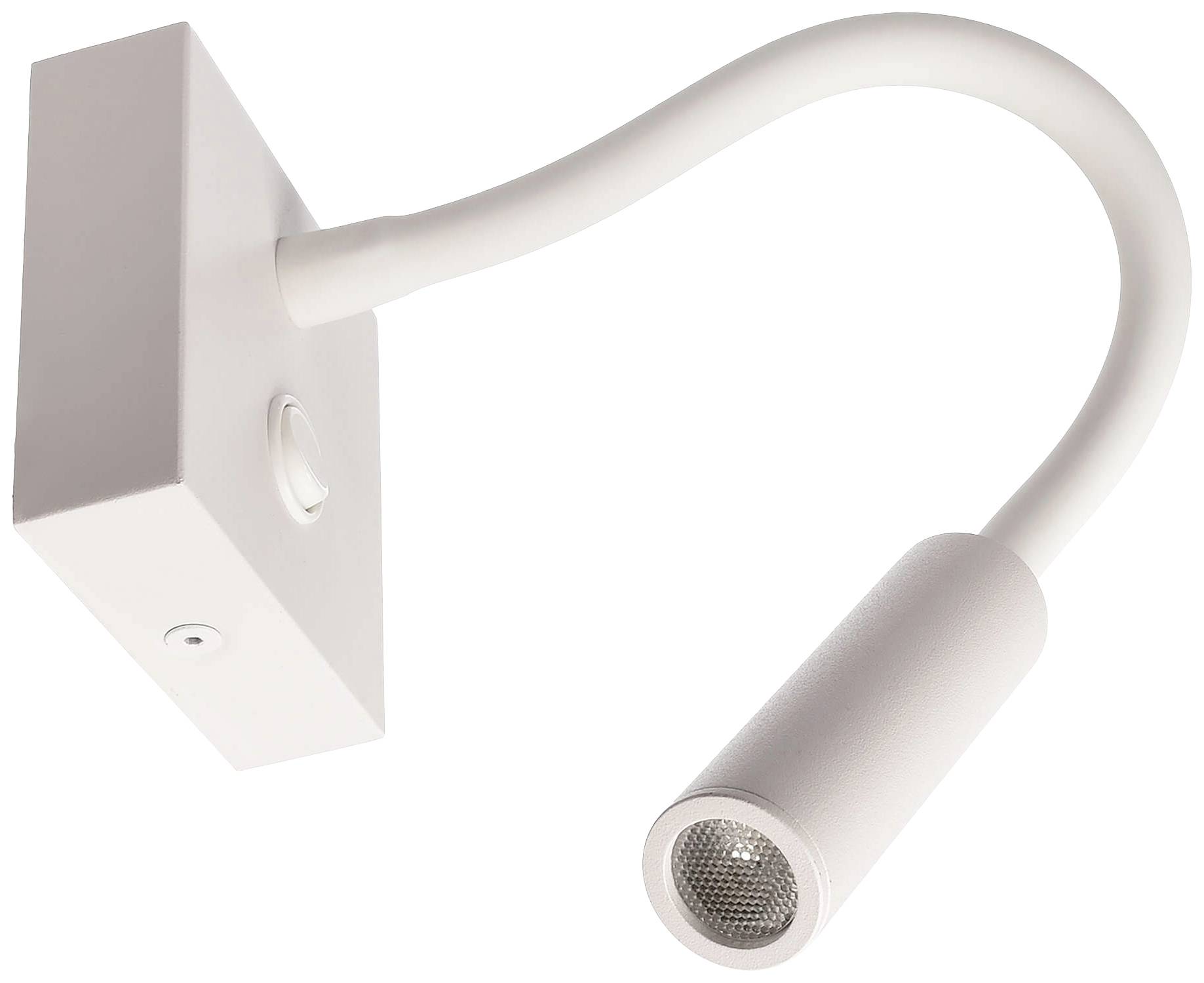 Vit, flexibel LED-vägglampa med rektangulär fäste och cylindrisk lampskärm. Energisnål design för riktad belysning.