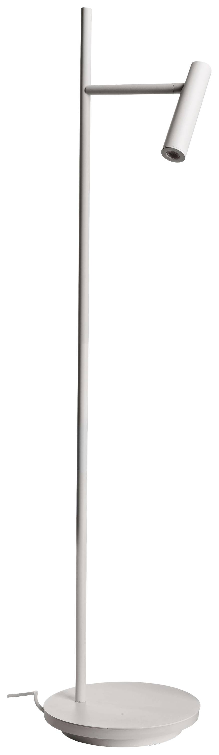 En minimalistisk vit golvlampa med rund bas och slank stång. Ett cylinderformat lamphuvud på en justerbar arm.