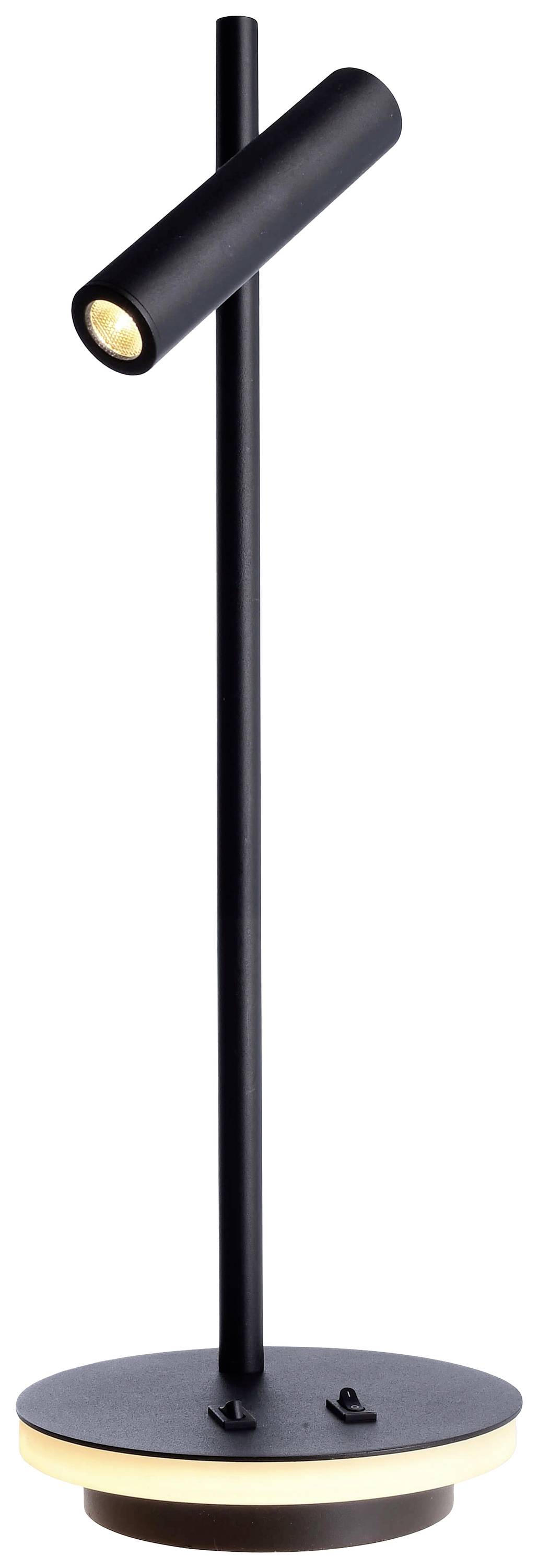 Svart, modern bordslampa med cylindrisk strålkastare på vertikal stång och rund bas, minimalistisk och stilfull.