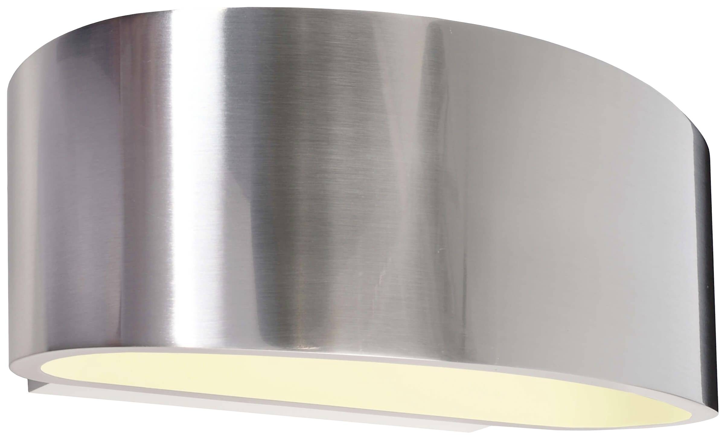 Vägglampa av borstat metall med mjukt LED-ljussken riktat nedåt, perfekt för moderna interiörer.