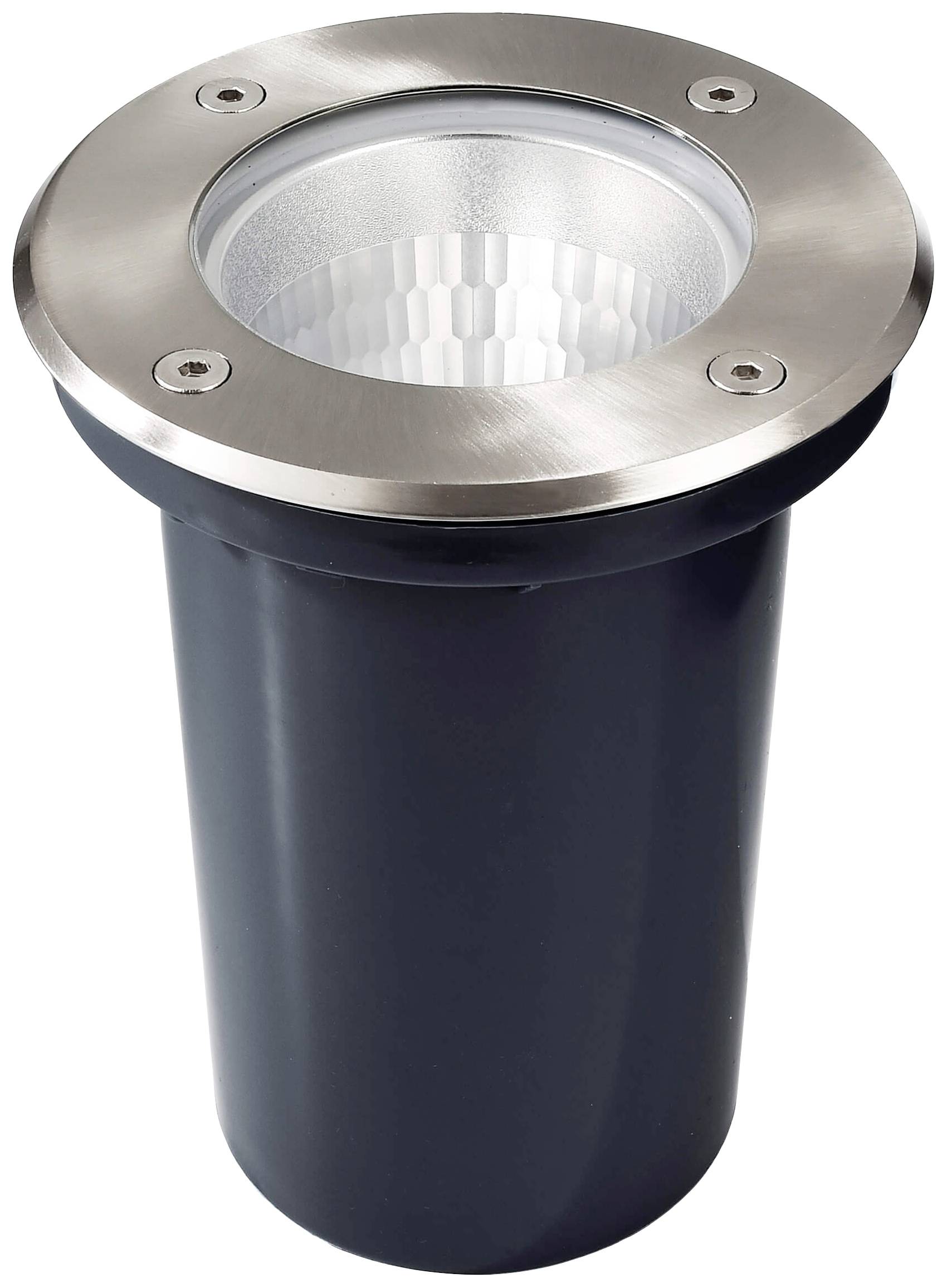 En rund marklampa av metall med klar kupa, lämplig för utomhusbelysning.