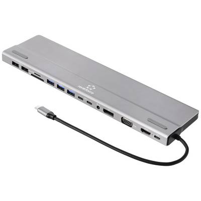 En silverfärgad USB-C-dockningsadapter med flera anslutningar, inklusive USB, HDMI, VGA och Ethernet.