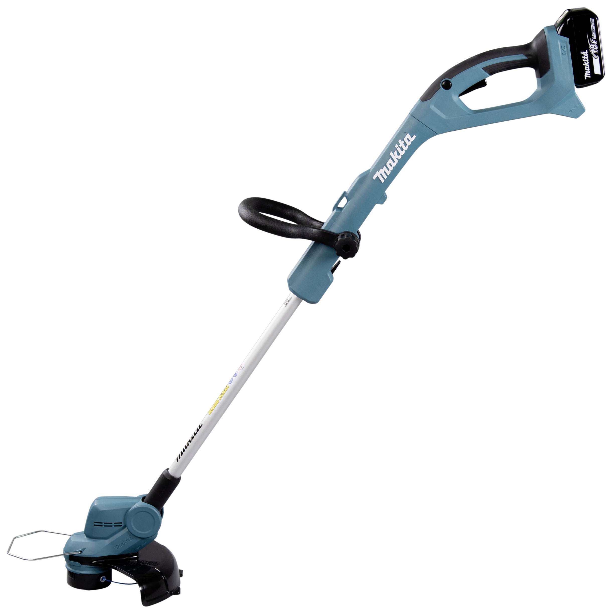 En trådlös, blå grästrimmer med ergonomiskt handtag och vass skärande klipphuvud, perfekt för precisionsklippning i trädgården.