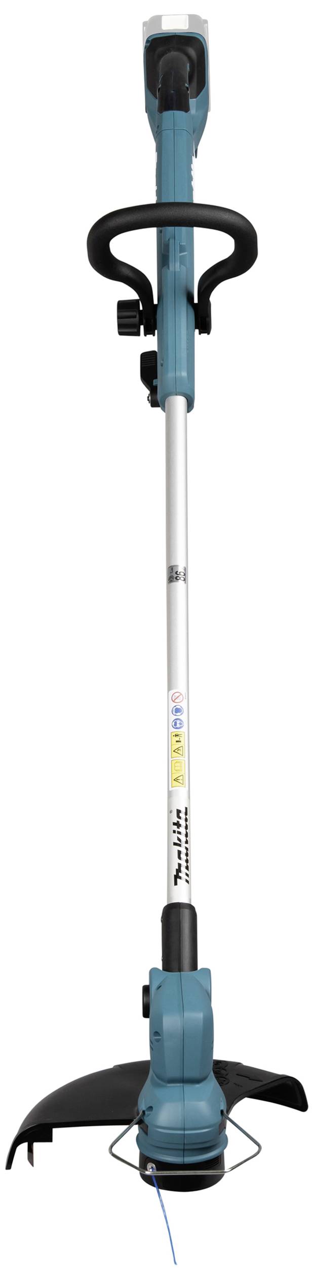 Elektrisk grästrimmer med blå kropp och skyddande plasthölje, lämplig för trädgårdsskötsel.