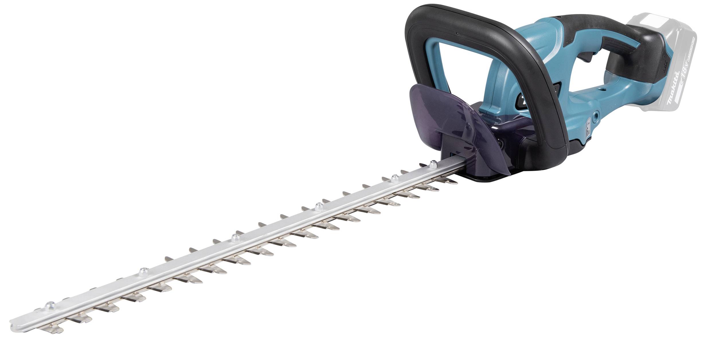 En sladdlös häcksax med blått och svart hölje, långt metallskär och ergonomiskt handtag.