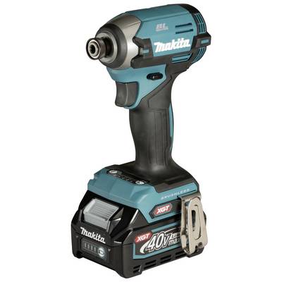 Makita batteridriven slagskruvmejsel, 40V, blå och svart, med grå detaljer och bältesklämma på sidan.