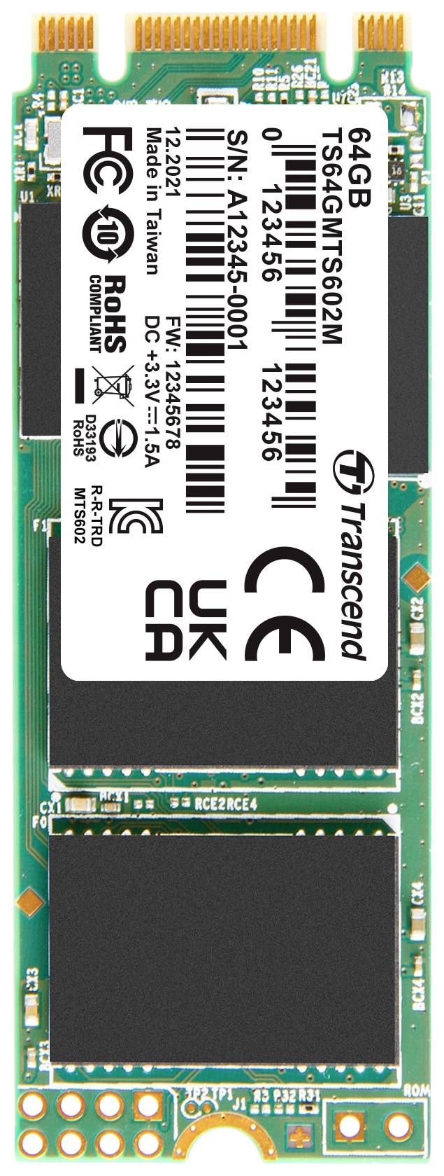 SSD-minneskort, 64 GB, tillverkad av Transcend. Visar tekniska tryck som serienummer och minneschipplaceringar.