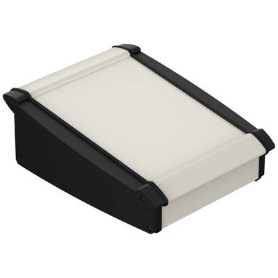 Platt, rektangulärt plastfodral med avskurna kanter i svart och vitt, lämpligt för elektroniska enheter.