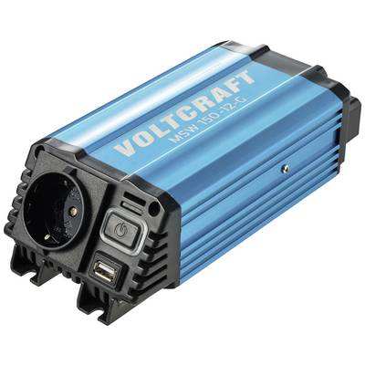 Blå Voltcraft spänningsomvandlare med ett vägguttag, USB-anslutning och På/Av-knapp, modell MSW 150-12-G.
