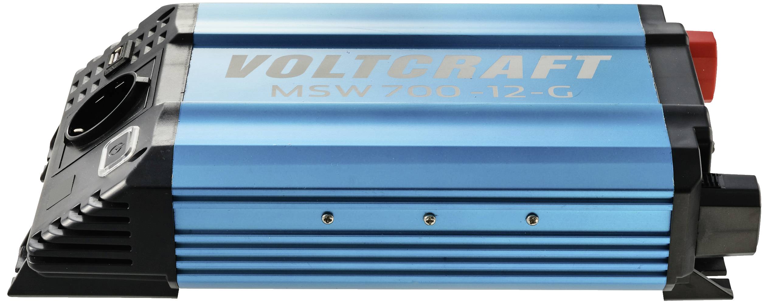 En blå spänningsomvandlare 'VOLTCRAFT MSW 700-12-G' på vit bakgrund. Idealisk för konvertering av likström till växelström.