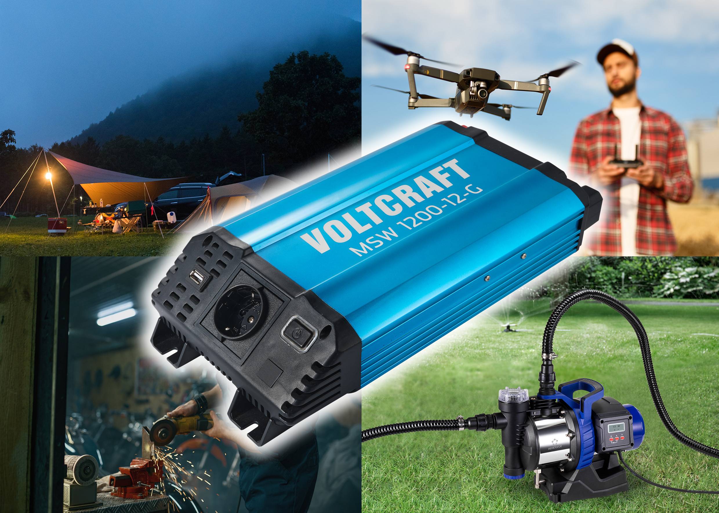Kollage med bärbar generator utomhus på natten, drönare flyger, person med kontrollenhet, pump i trädgården, titel: 'Voltcraft MSW 1200-12-C'.