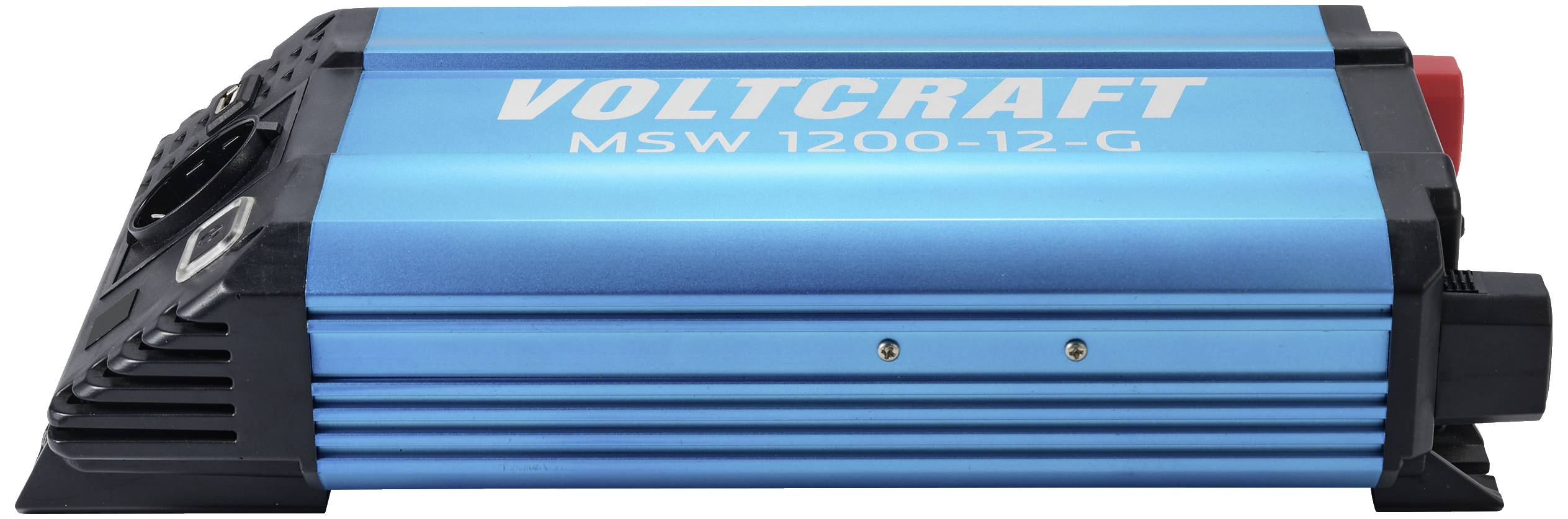 Växelriktare i blått hölje med påskriften 'Voltcraft MSW 1200-12-G', lämplig för omvandling från likström till växelström.