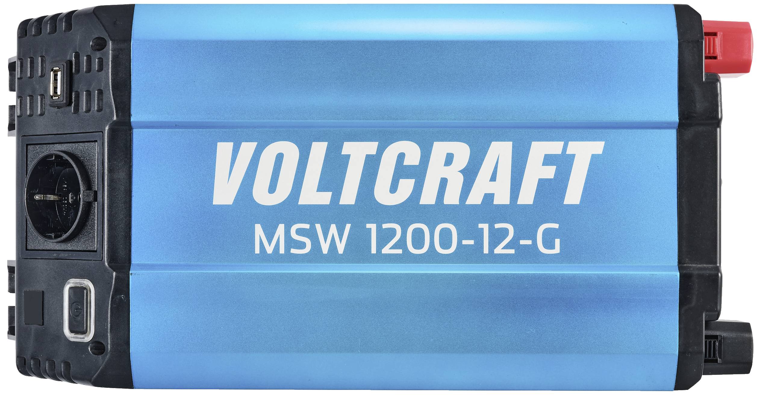 Spänningsomvandlare med blått hölje, märkt 'Voltcraft MSW 1200-12-G', svart fläkt och röd anslutningskläm synlig.