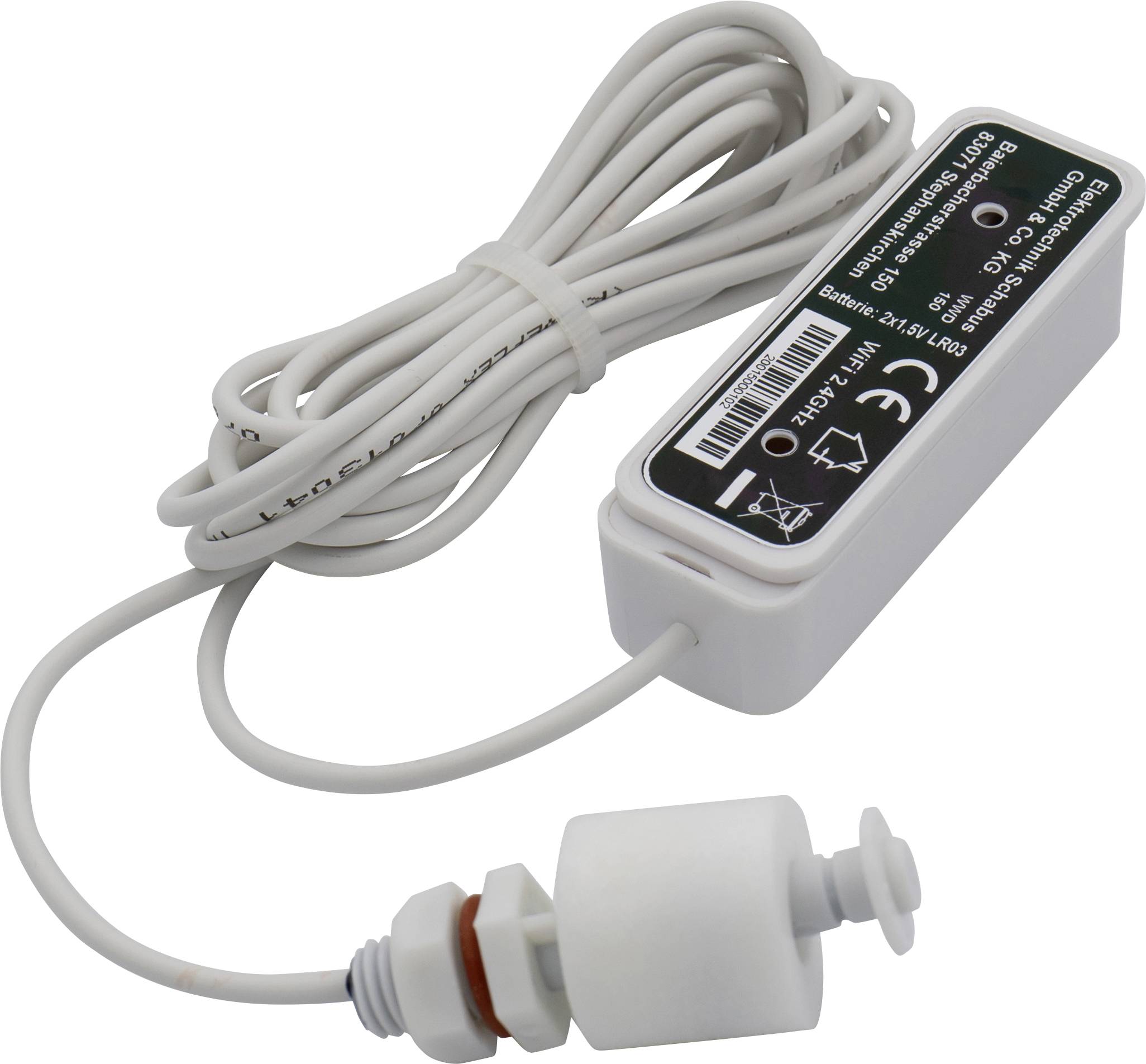 En vit flottörbrytare med kabel, CE-märkt, för automatisk vattennivåkontroll i tankar eller reservoarer.