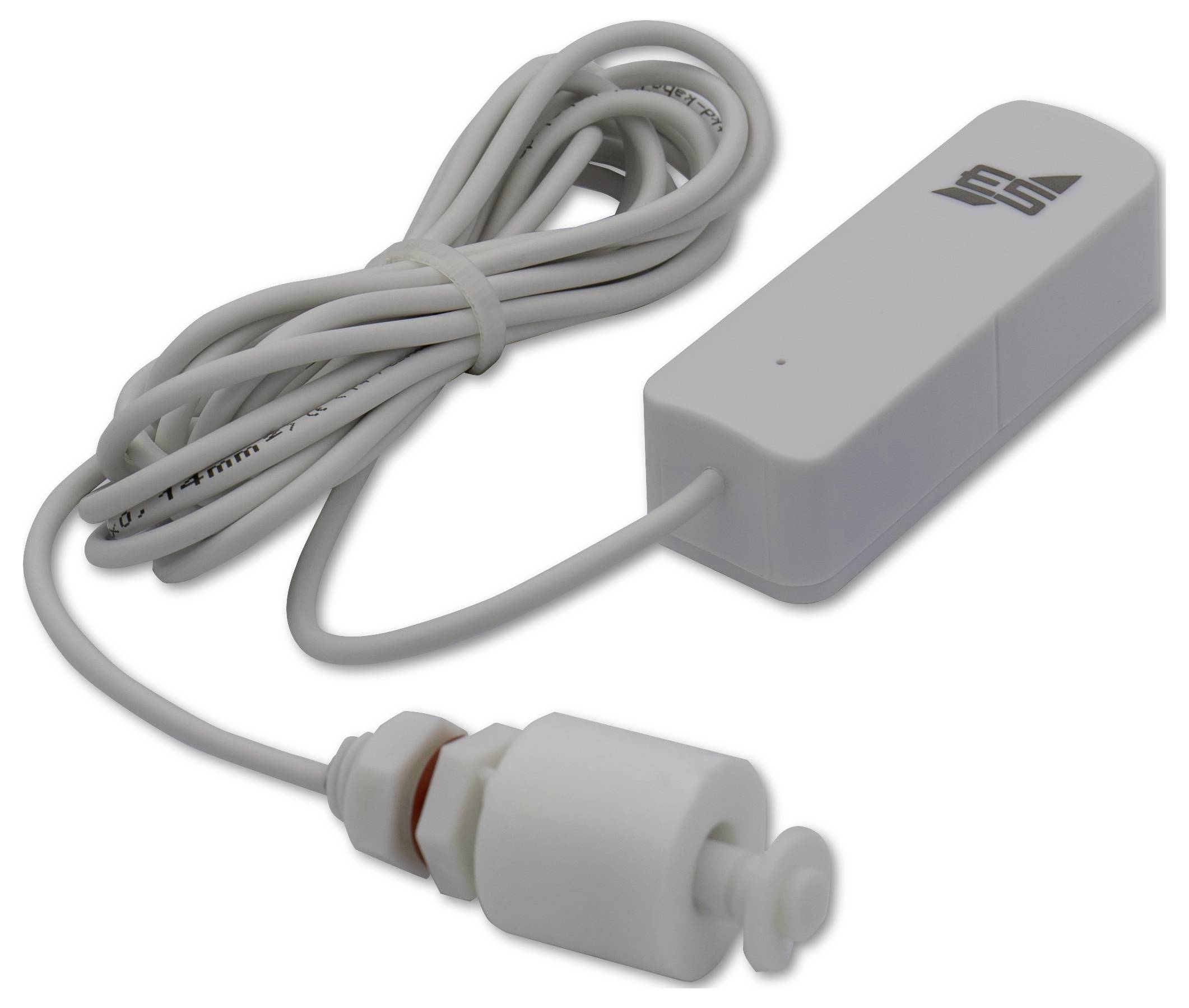 En vit läckagesensor med kabel, bestående av ett rektangulärt hölje och en cylindrisk sensor i änden av kabeln.