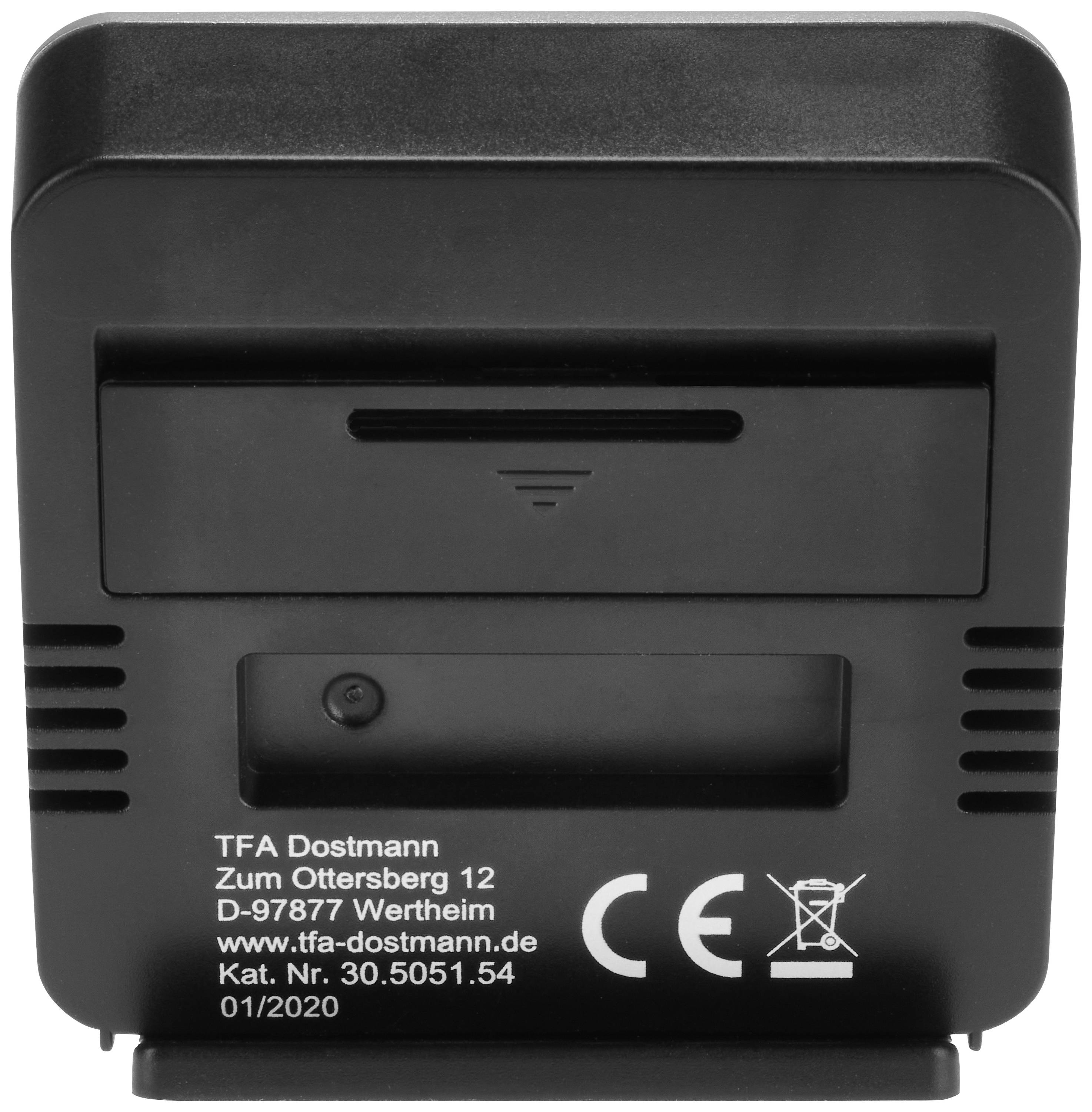 En svart elektronisk enhet från TFA Dostmann med CE-märkning, serienummer och produktionsdatum märkt nedtill.