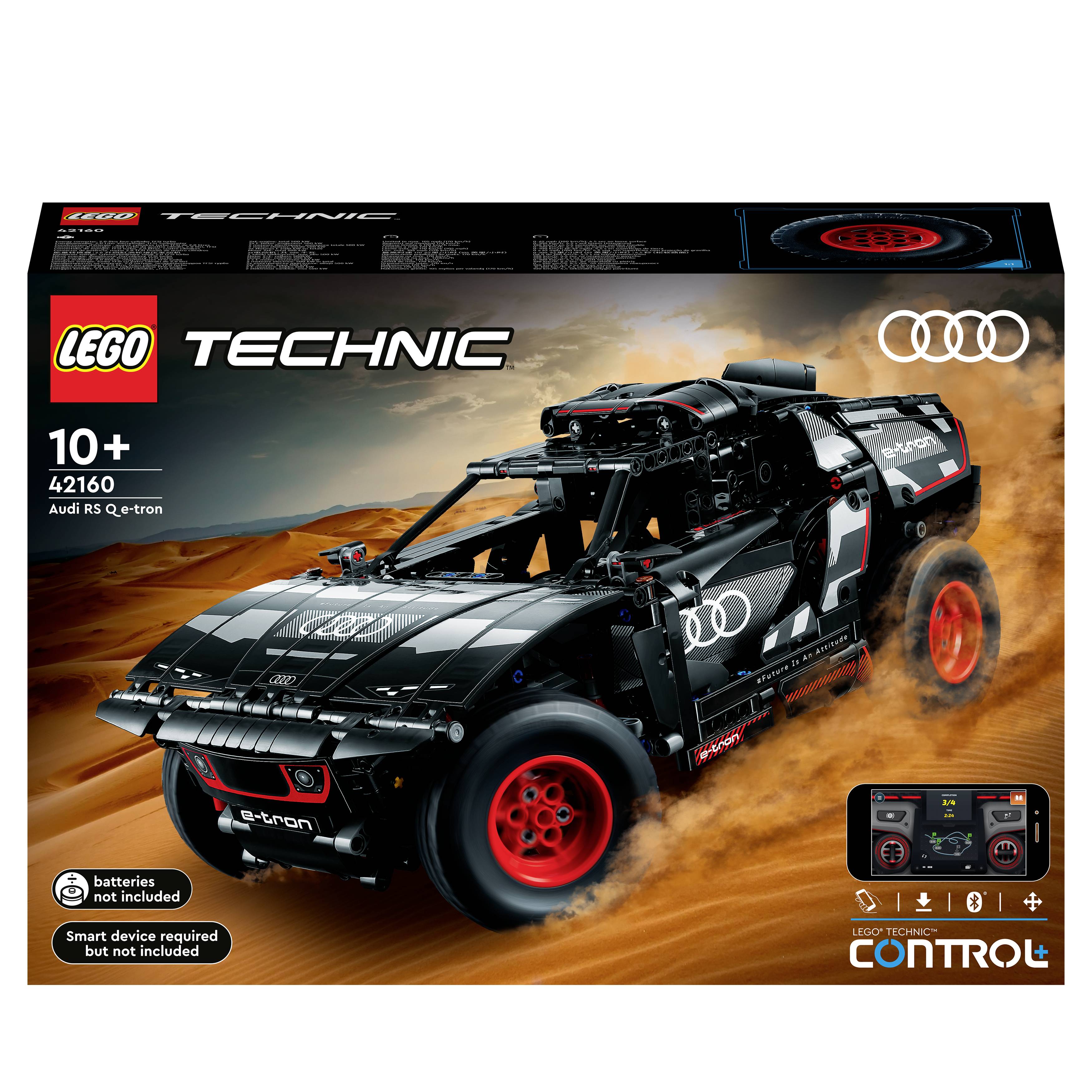 'LEGO Technic Audi RS Q e-tron' byggsats för barn från 10 år. Bild visar svart racerbil på sandig terräng med förpackning.