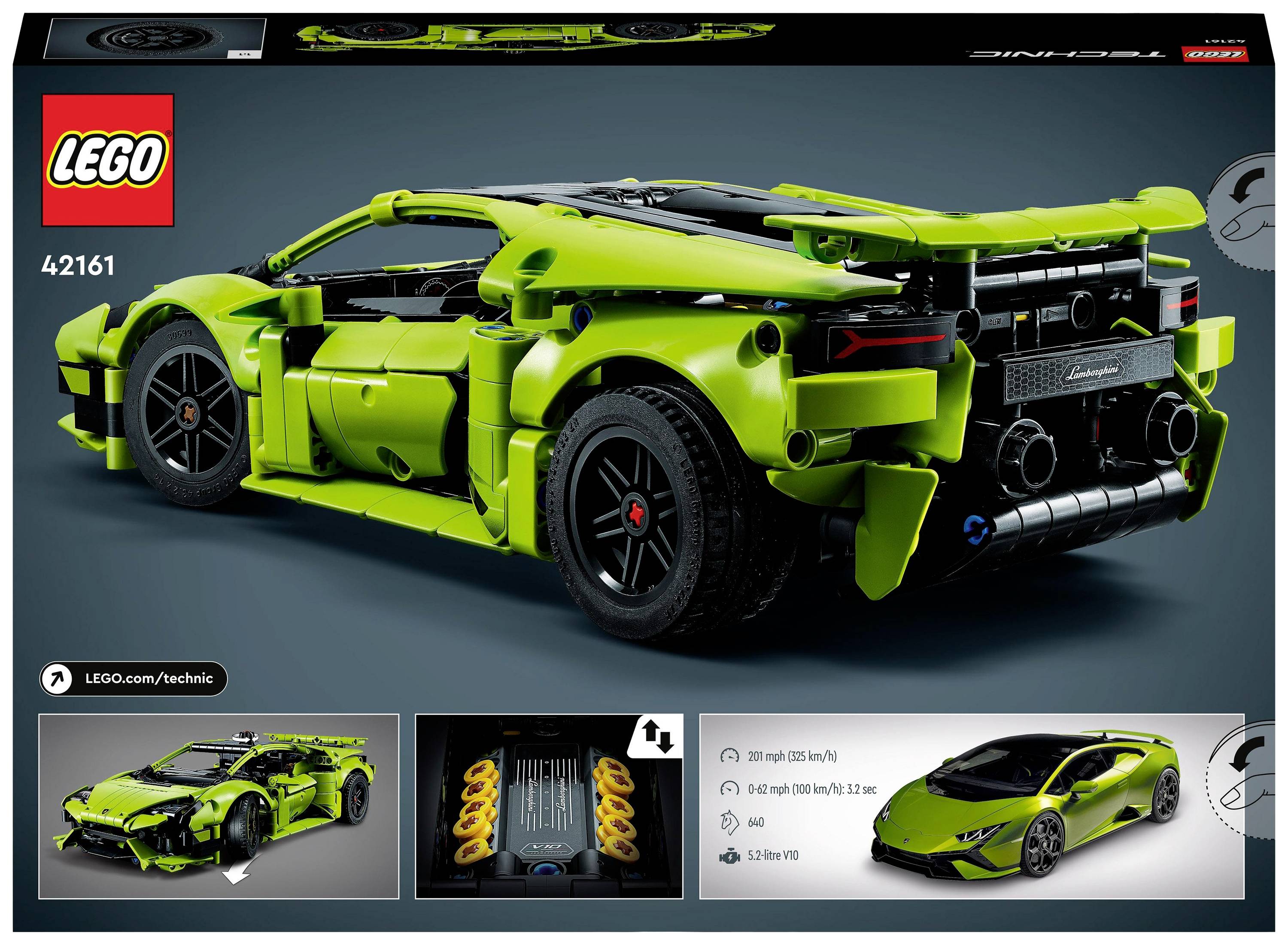 LEGO-set nr. 42161, Lamborghini sportbil i grönt. Konstruktionsmodell med detaljer och tekniska funktioner.