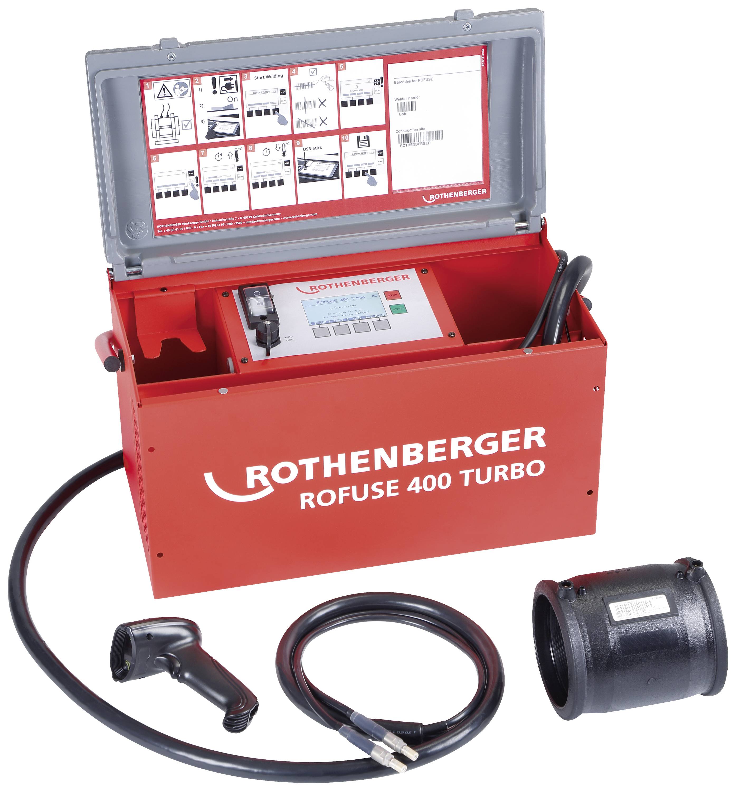 Rothenberger Rofuse 400 Turbo elektrosvetsutrustning i röd låda med kablar och tillbehör för rörsvetning.