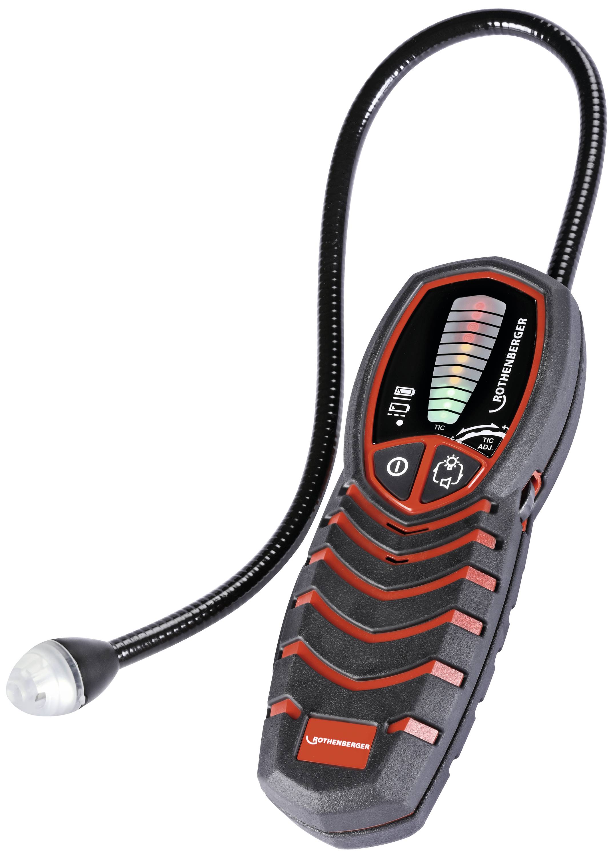 Gasdetector med flexibel hals och LED-indikator för läckagedetektering. Svart hölje med röda accenter, lämplig för tekniska tillämpningar.
