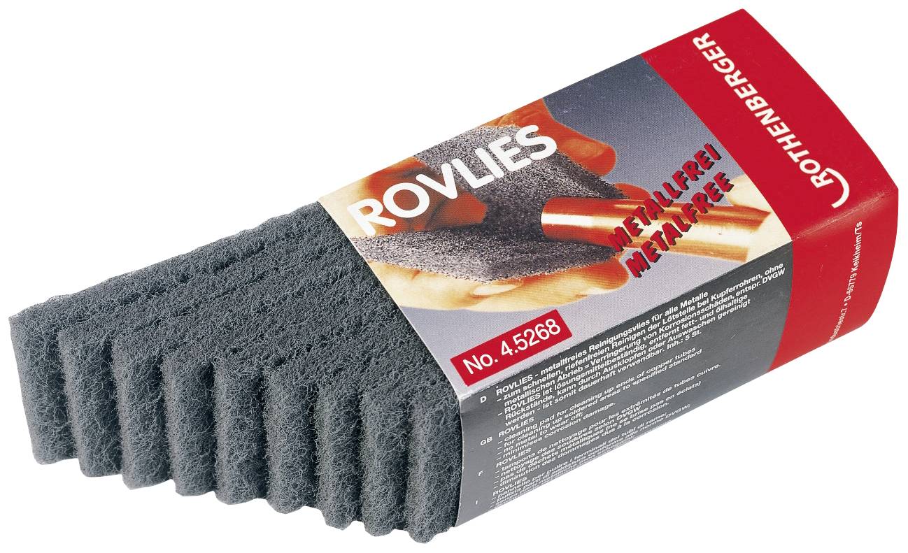 Ett slipsvamp från Rovlies, nummer 4.5268, lämplig för bearbetning av metallytor. Förpackningen innehåller röda och grå element.