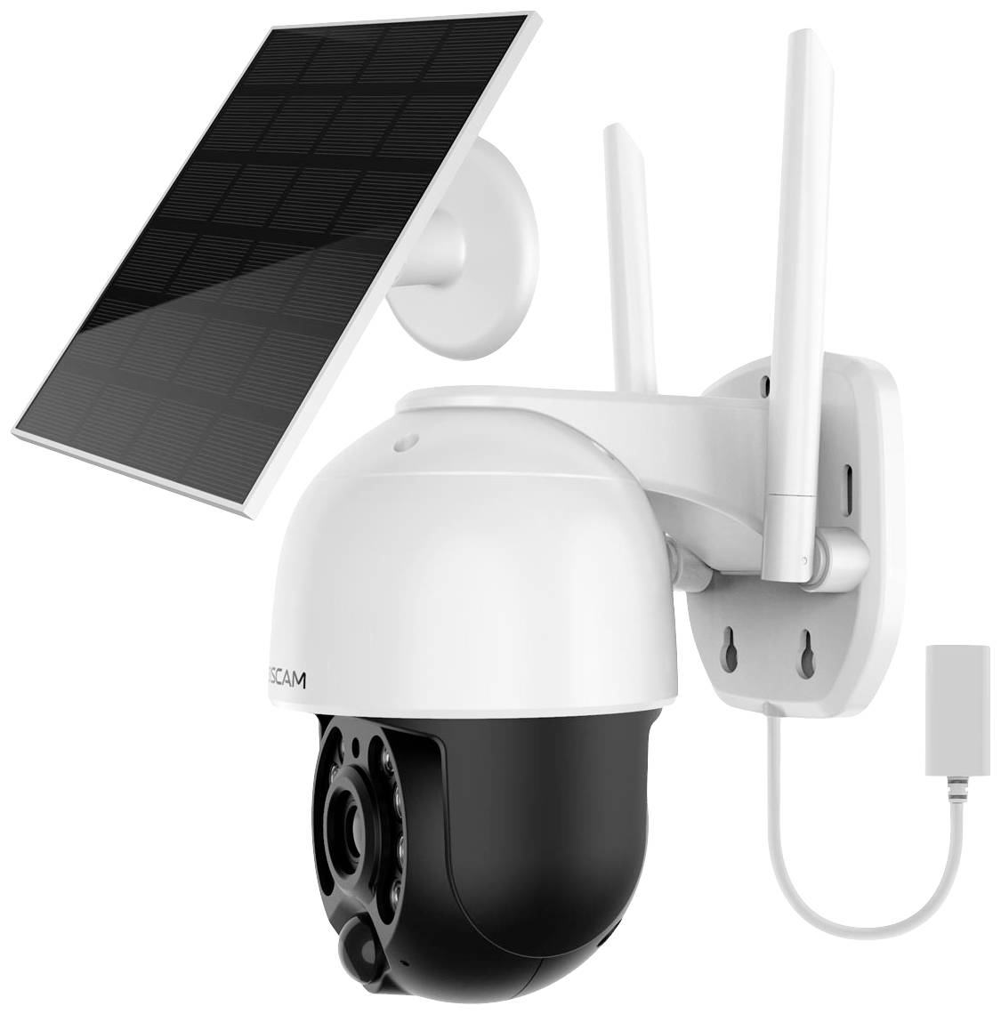 Övervakningskamera som är fäst på ett väggmonteringssystem med solpanel. Den är utrustad med antenn och anslutningskabel.