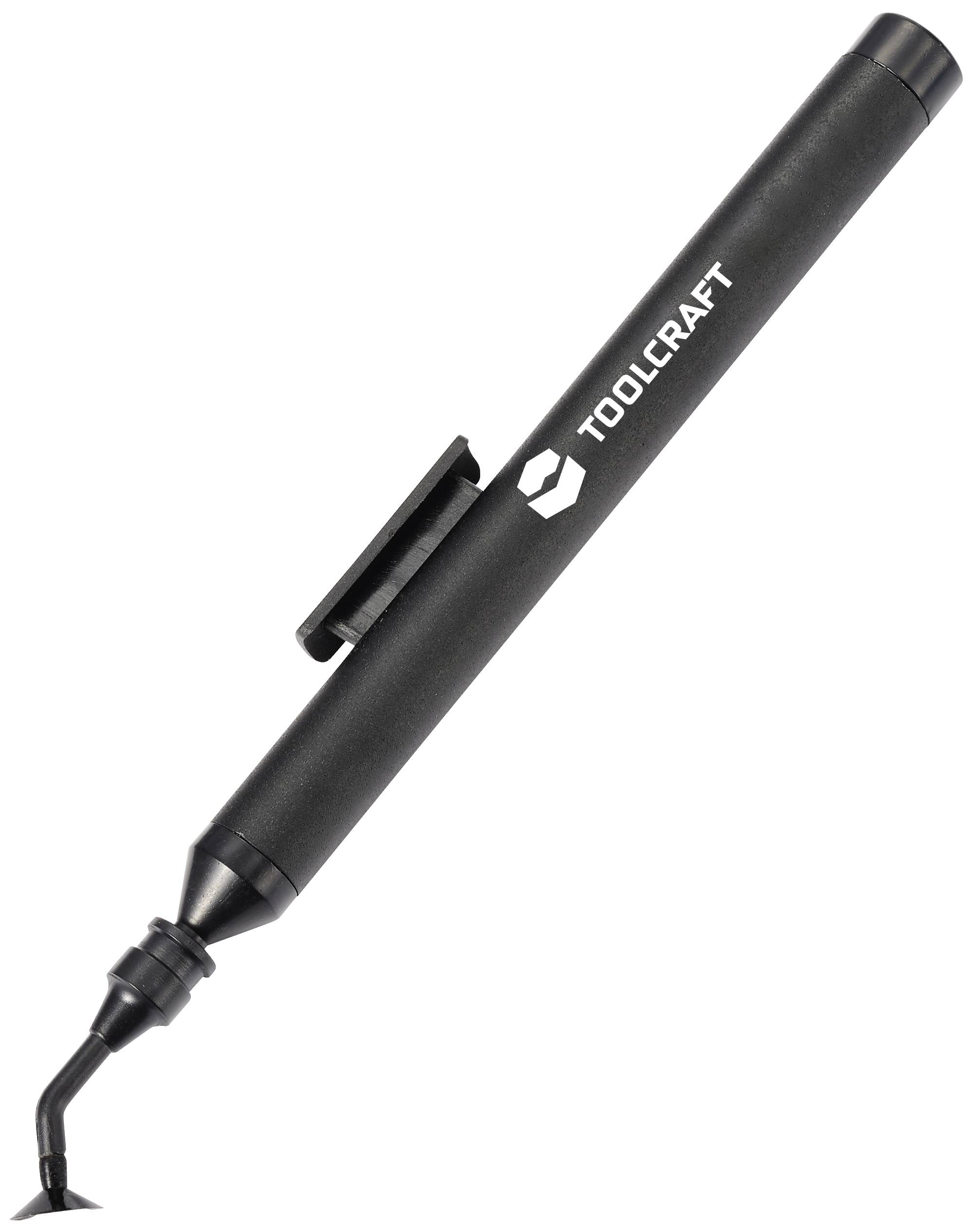En svart avgraderingspenna med trycket 'TOOLCRAFT' och ett ergonomiskt grepp. Perfekt för precis ytbehandling.