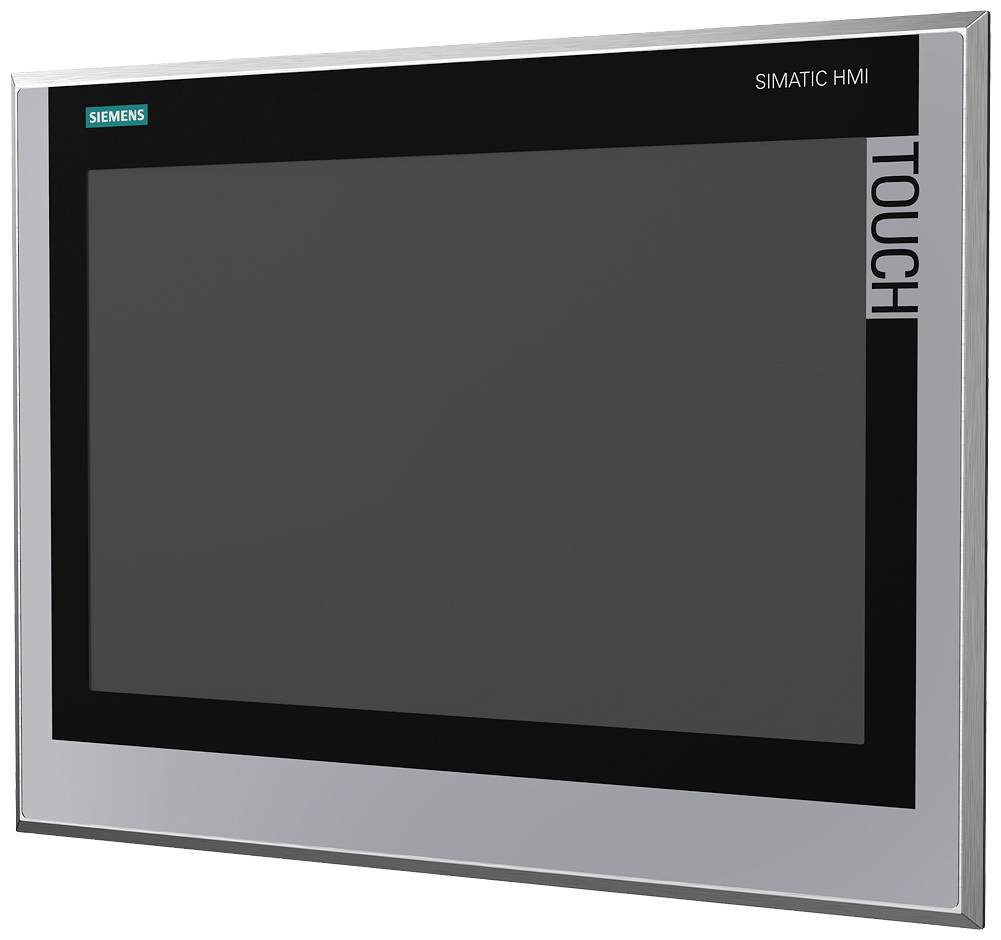 En Siemens SIMATIC HMI touchpanel med svart skärm och silverram.